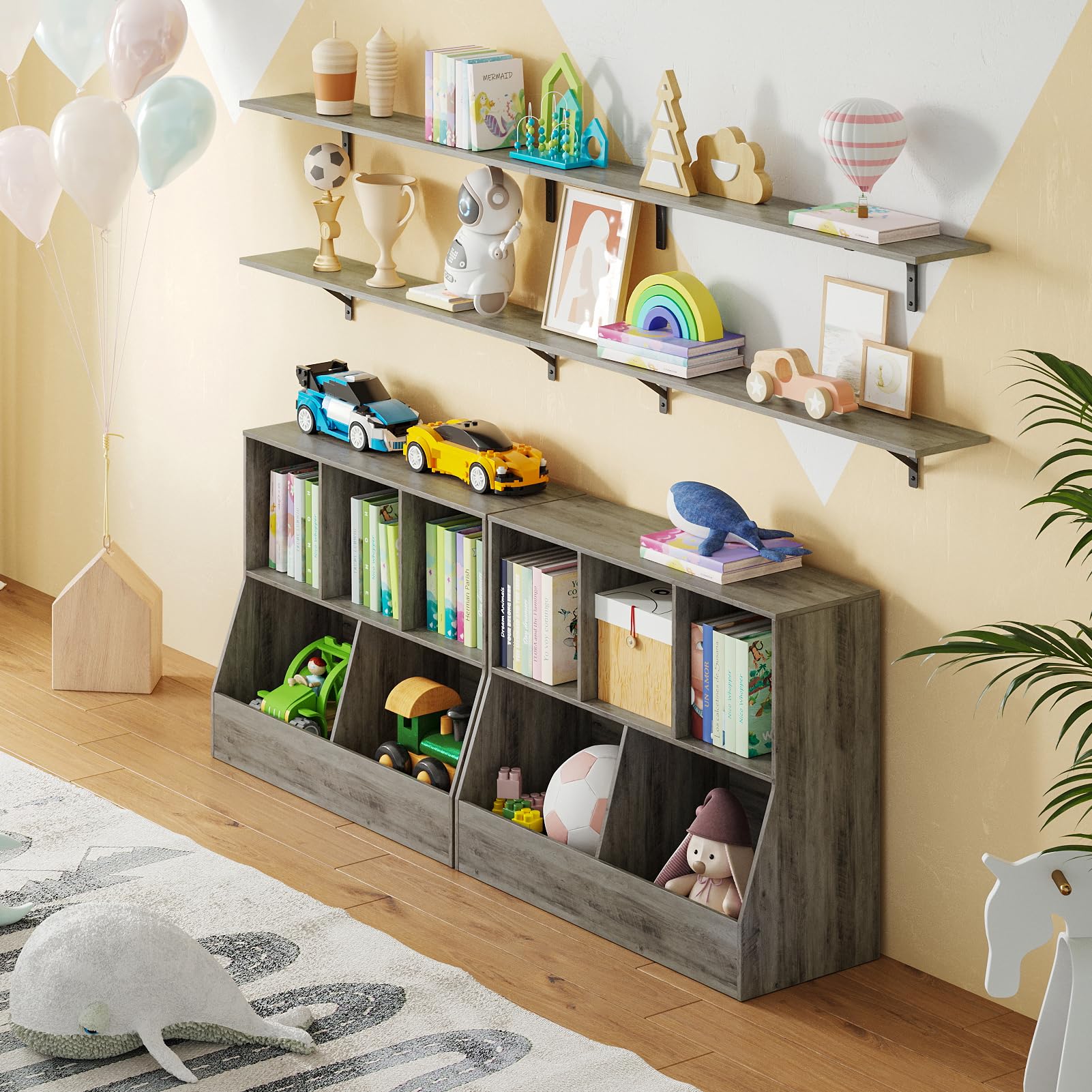 DINZI LVJ Wooden Toy Storage Organizer & Kids Bookshelf - 5-Cubby Children's Bookcase with Gray Wash Finish (31.5