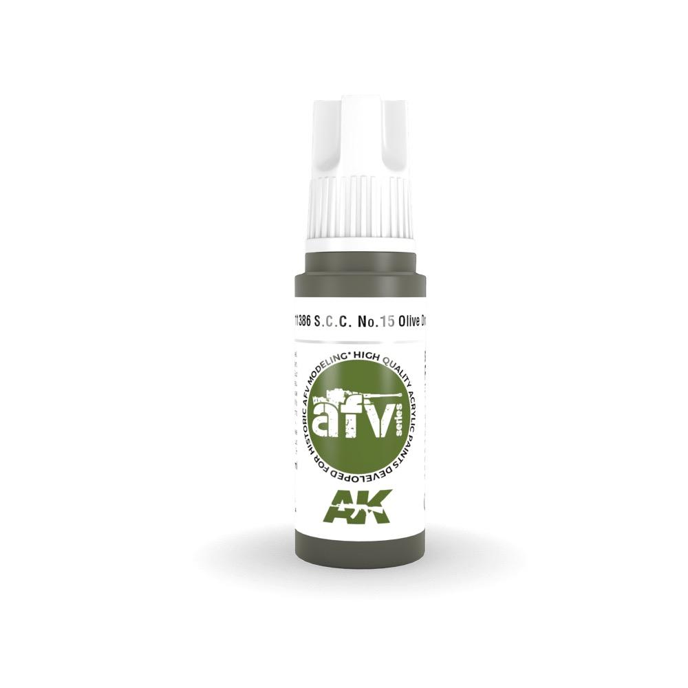 AK Interactive AK11386 AFV Series S.C.C. No.15 Olive Drab Acrylic Paint - 17ml Bottle - 3rd Generation Formula - Perfect for Military Model Kits, Dioramas & Scale Modeling Projects