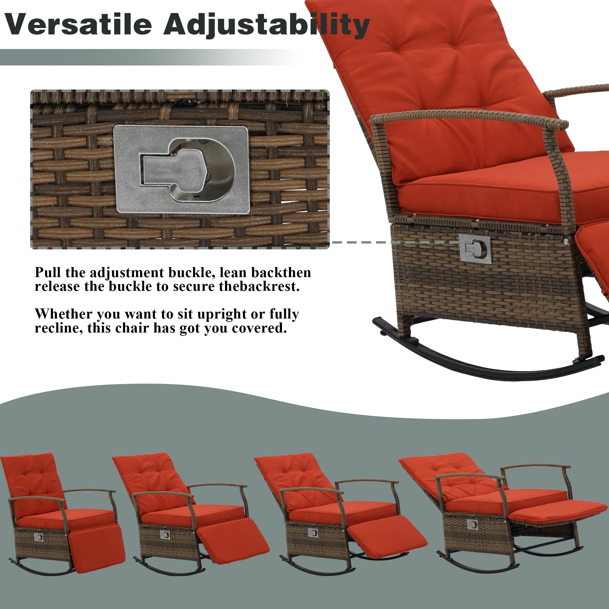**Outdoor Rocking Chairs - Adjustable Rattan Recliner Chairs with Thick Cushions & Removable Glass Tabletop - PE Wicker Patio Furniture Set (Red) - Perfect for Backyard, Garden, Poolside & Balcony Relaxation**