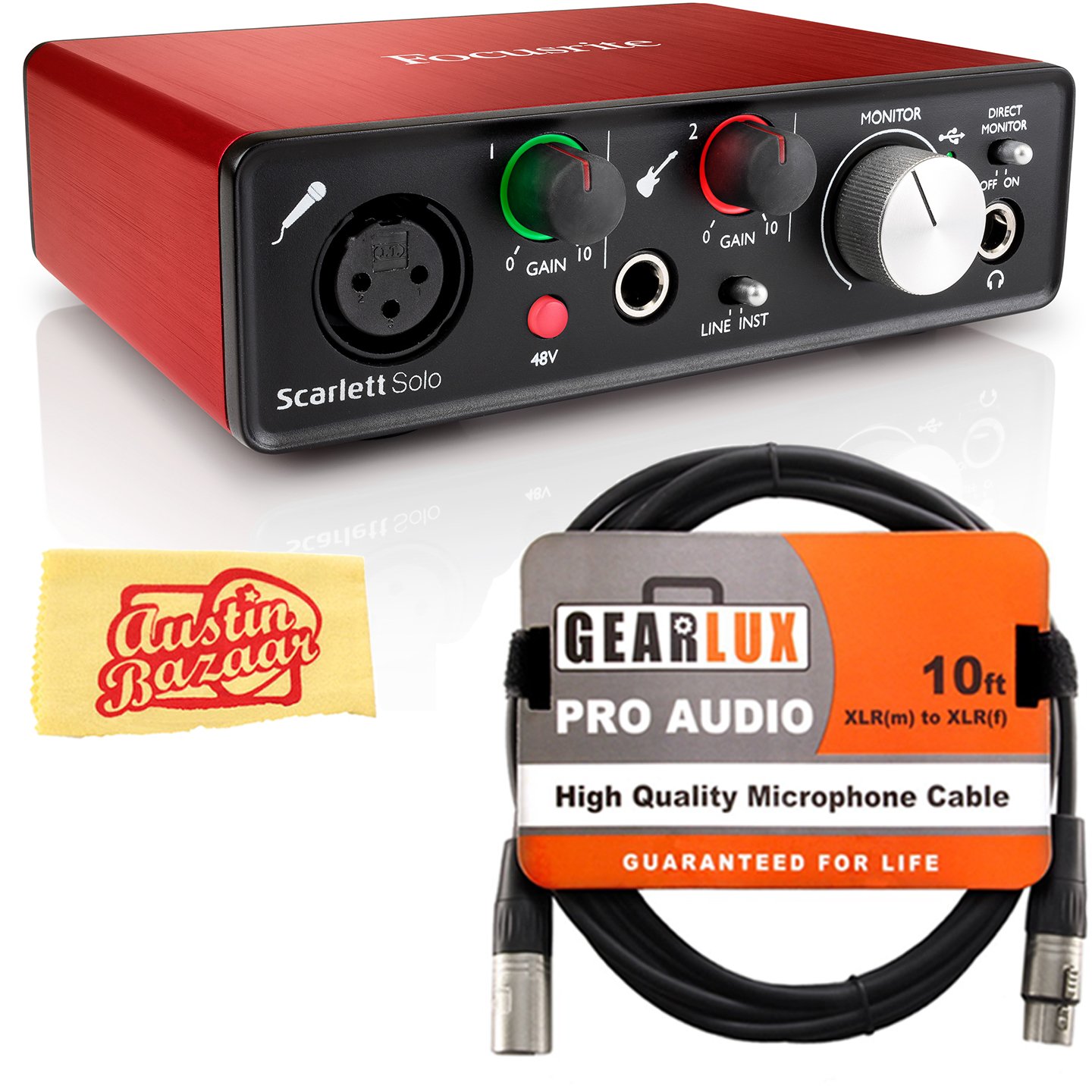 Focusrite Scarlett Solo 3rd Gen USB Audio Interface Bundle with XLR Cable & Polishing Cloth - Professional Studio Recording for Podcasting, Streaming & Music Production