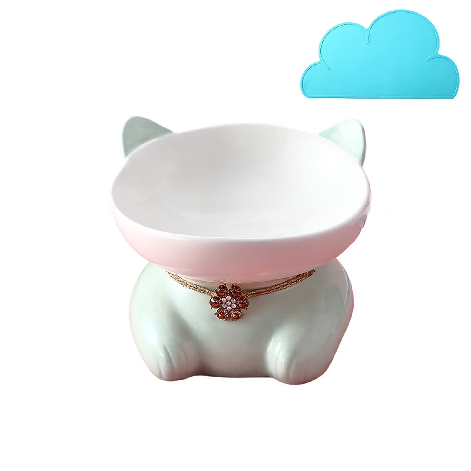 HGKL Tilted Ceramic Cat Bowls - Raised Wide Mouth Cat Food Dishes with Smooth Easy-Clean Surface in Mint Green - Perfect for Picky Eaters & Senior Cats at Home