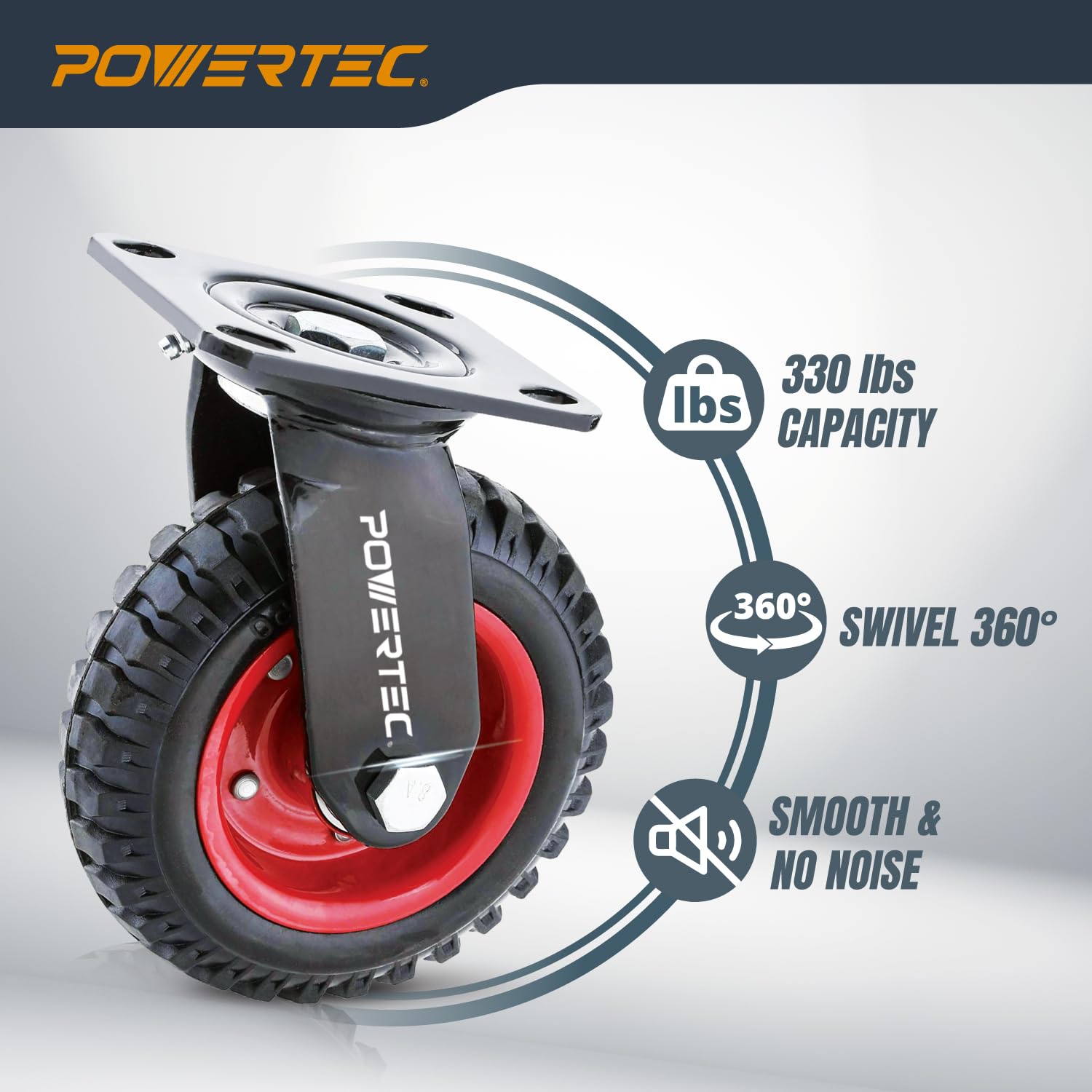 POWERTEC 6 Inch Heavy Duty Caster Wheels Set of 4 (2 Swivel & 2 Fixed) - Large Rubber Knobby Tread Casters for Workbench, Dolly, Cart, Trolley, Wagon, Chicken Coop - Ideal for Workshop, Garage, Warehouse & Industrial Use (17054V)