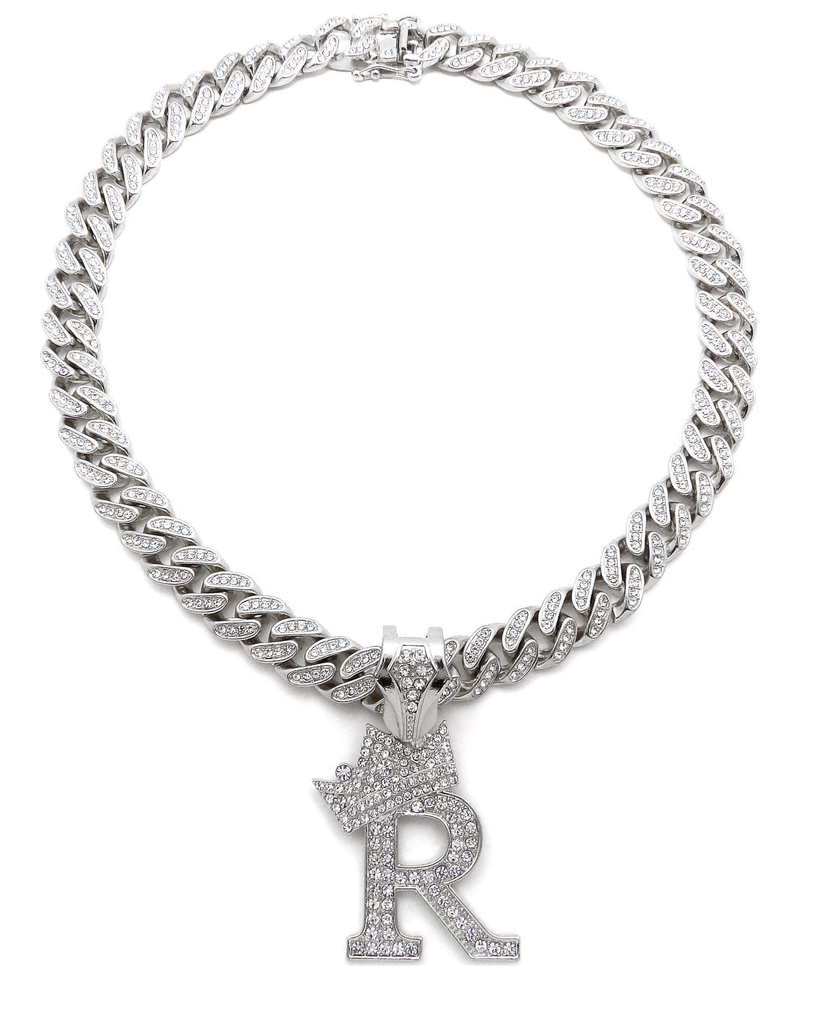 NYFASHION101 Iced Out Miami Cuban Chain Necklace with 12mm Stone Stud Crowned Initial Pendant - Perfect for Hip Hop Jewelry, Men's Bling Accessories & Gift Giving