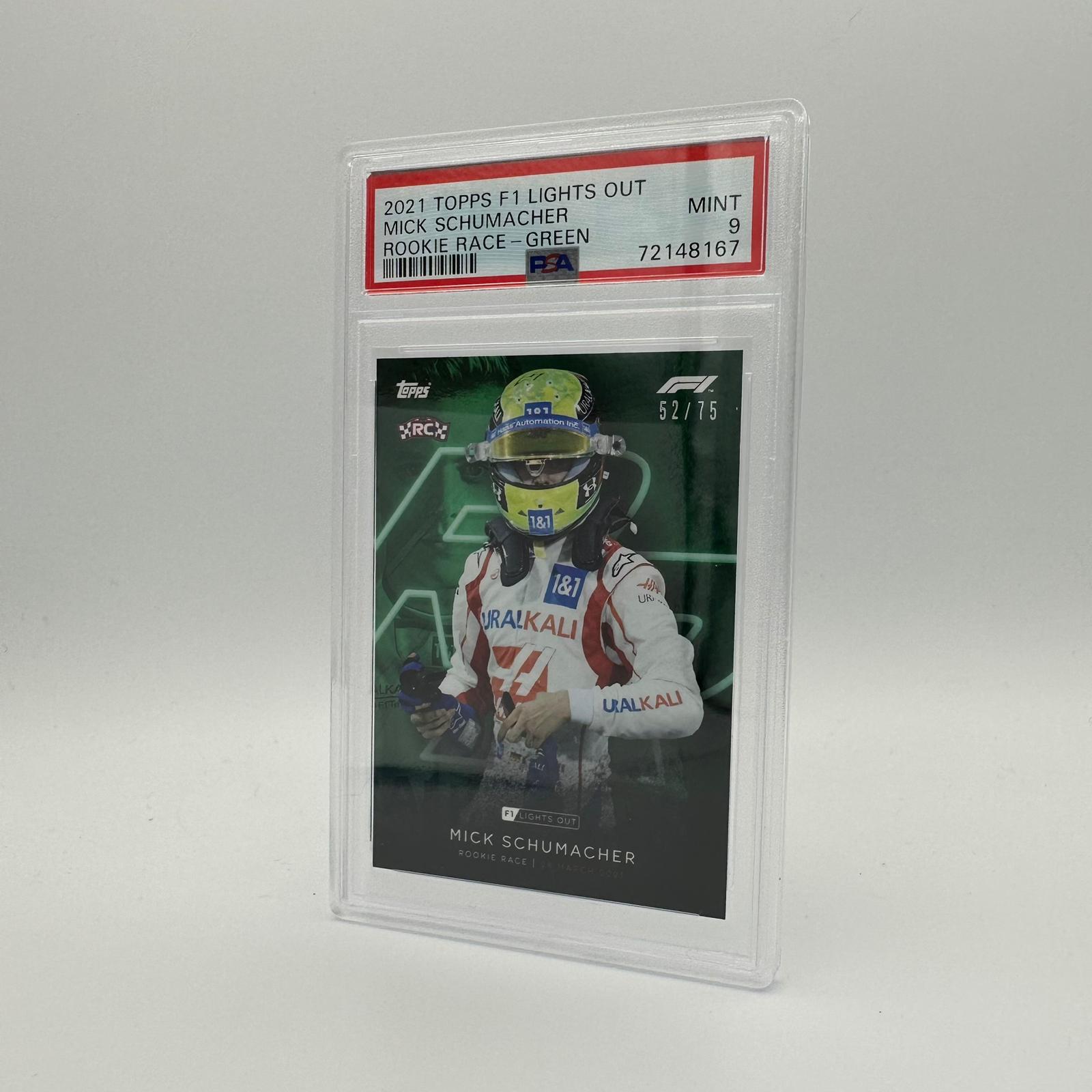 PSA 9 Graded 52/75 Mick Schumacher Rookie Race Green Parallel Card - Perfect for Collectors, Racing Fans & Sports Memorabilia Enthusiasts