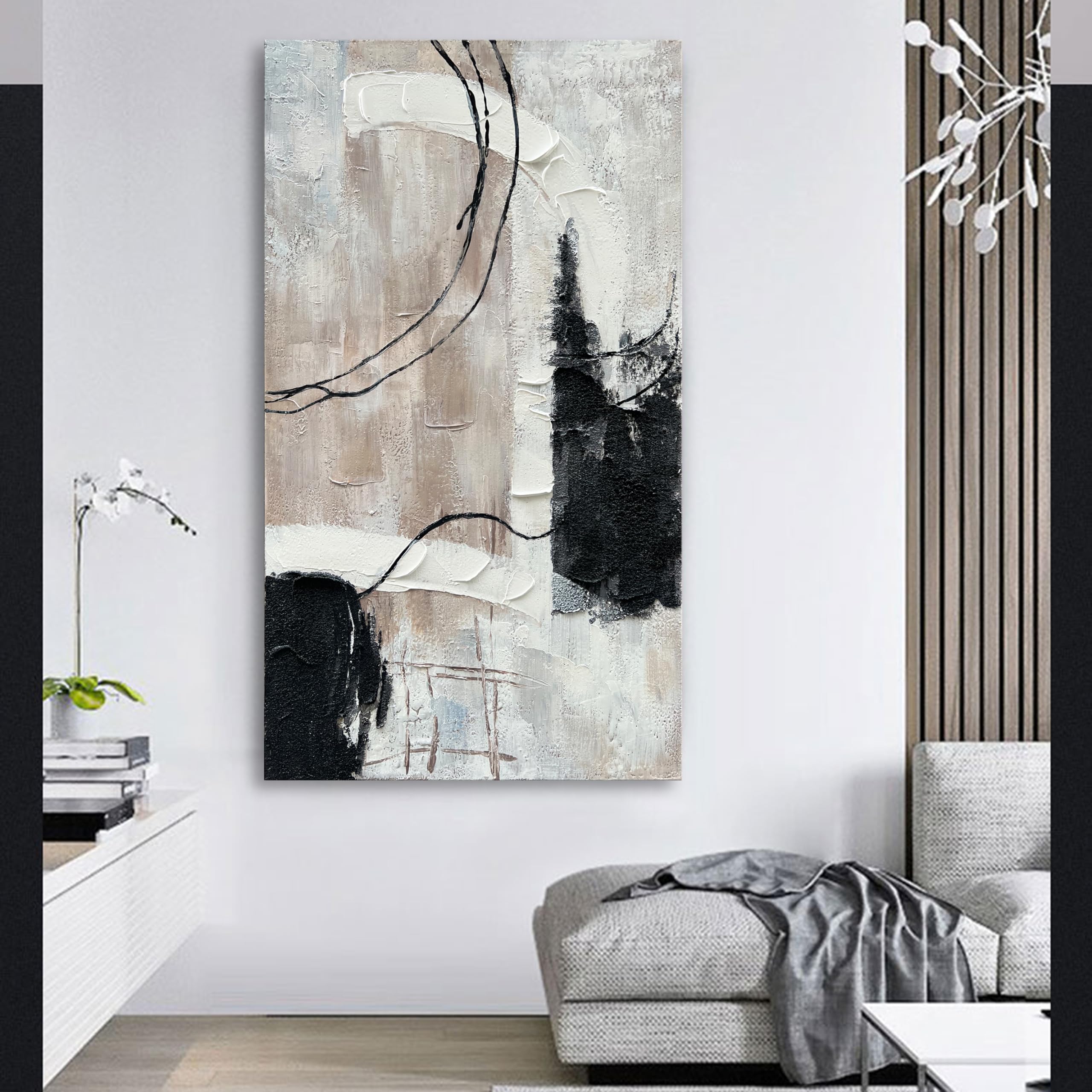 Hand-Painted Black & White Abstract Oil Painting on Canvas - Modern Large Wall Art Decor (47x23 Inch) for Living Room, Bedroom & Office