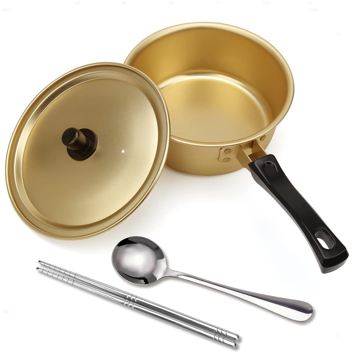 **AHIER Korean Ramen Cooking Pot with Lid, Spoon & Chopsticks - Fast Heating Noodle Pot for Stovetop & Camping - Single Handle Non-Stick Kitchen Cookware**