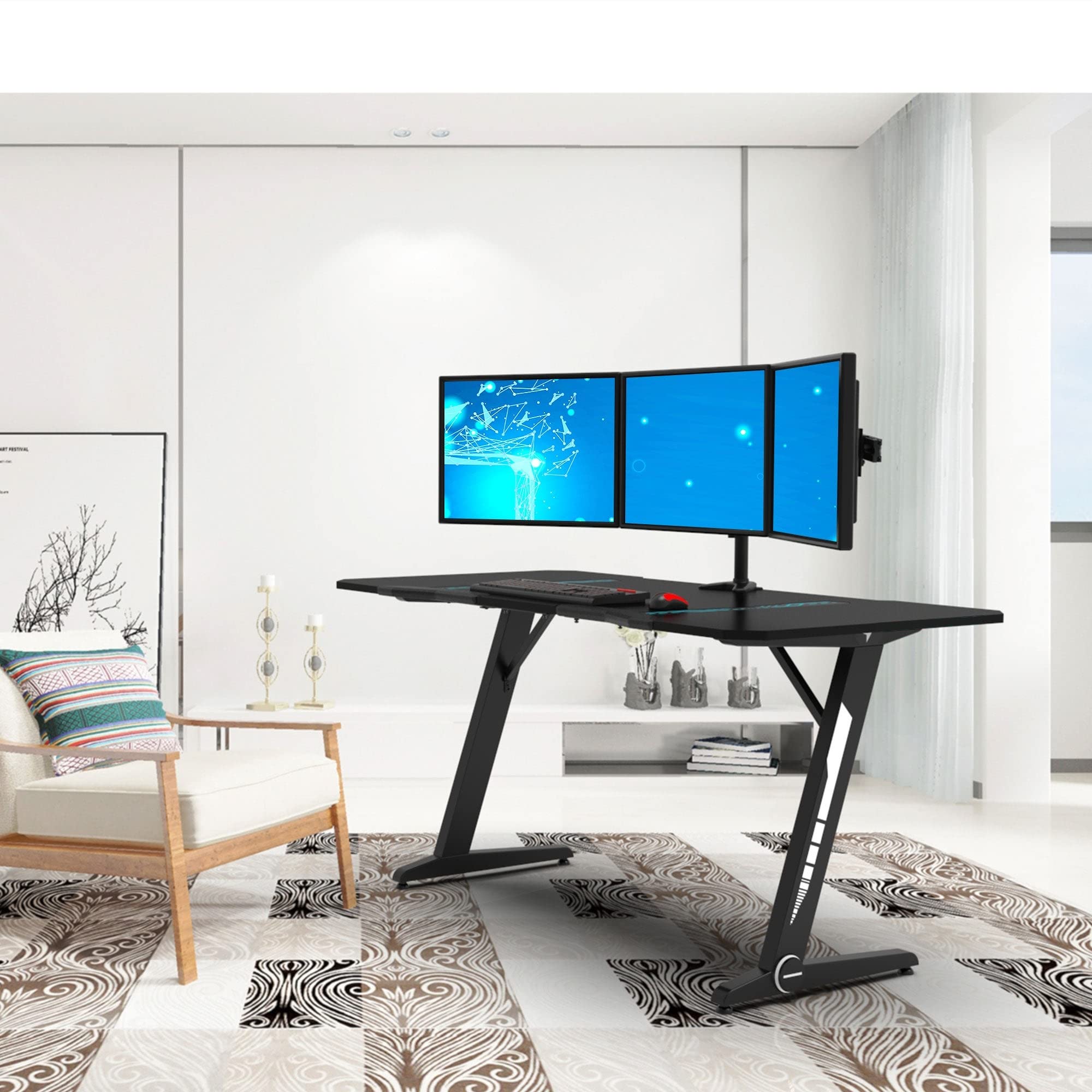 Large Gaming Desk with Headphone Hook & Power Strip Holder - Ergonomic Design, Cup Holder, Black Modern Steel Frame - Perfect for PC Gaming Setup & Home Office Workspace