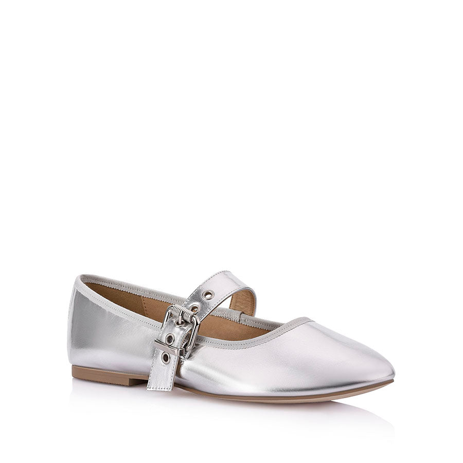 Banks Buckled Mary Jane Flats for Women - Comfortable Silver Ballet Shoes for Work, School & Casual Wear