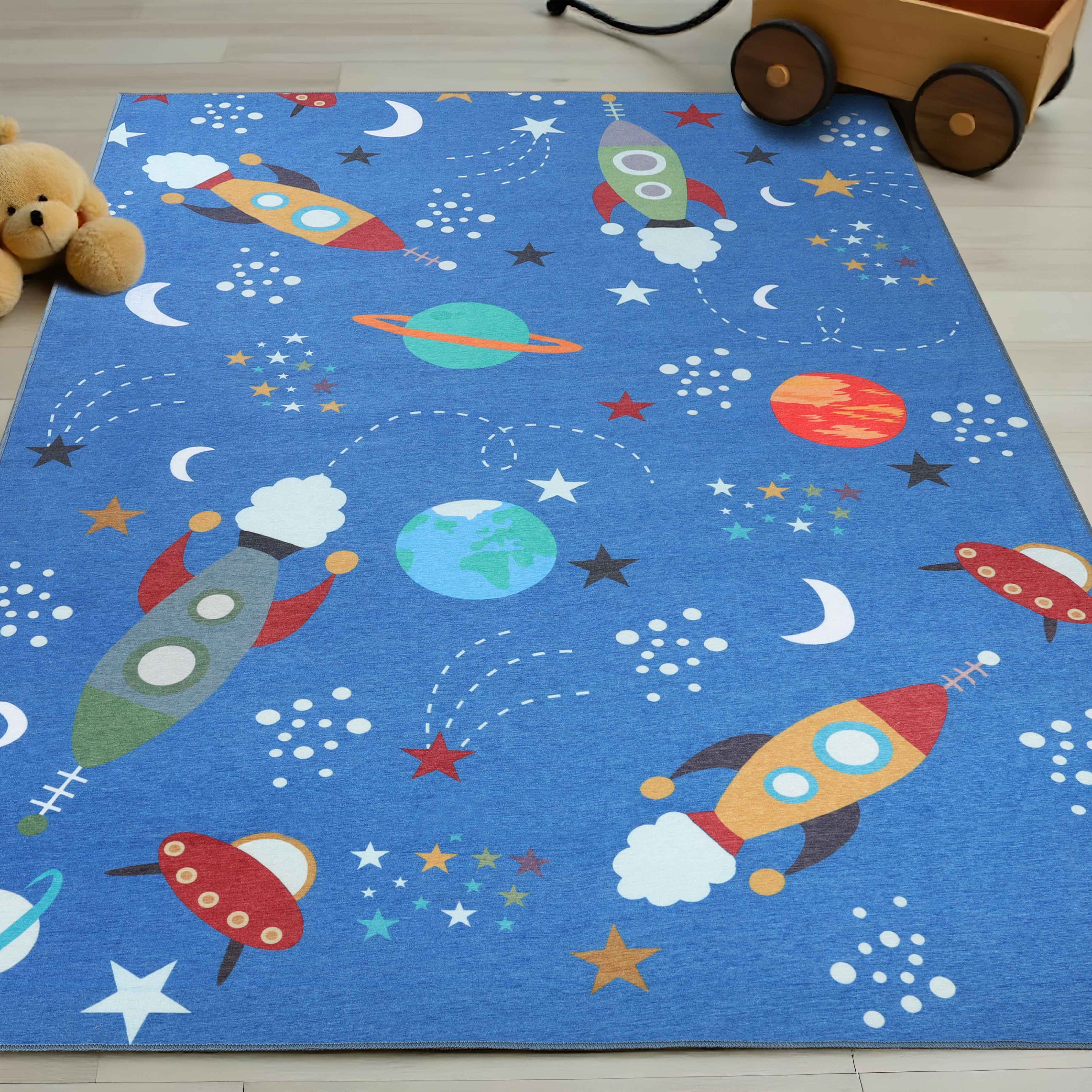 Lil' Flyer Spaceship Non-Slip Kids Playroom Rug - Washable Indoor Floor Mat for Toddler Safety & Play Area Decor