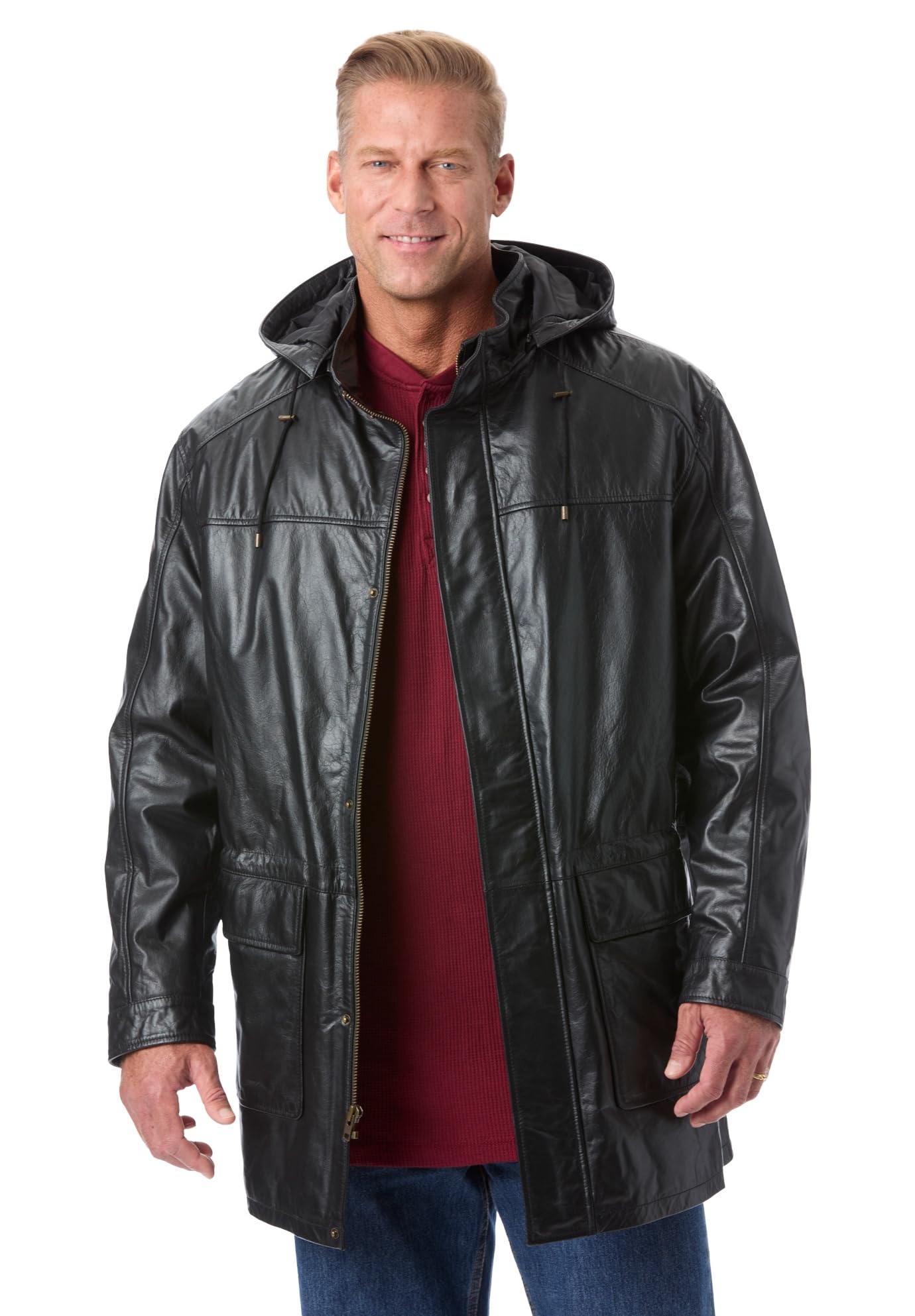 KingSize Men's Big & Tall Hooded Leather Parka Jacket - Winter Warm Windproof Coat for Outdoor Activities & Casual Wear