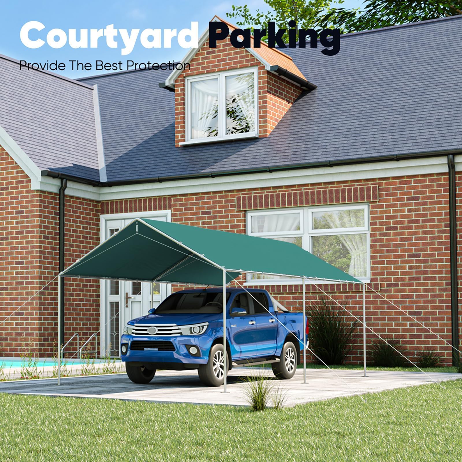 Quictent 10x20 ft Heavy Duty Car Canopy with Galvanized Steel Frame - Waterproof Outdoor Party Tent, Boat Shelter & Vehicle Cover with 3 Reinforced Steel Cables (Green) - Perfect for Backyard Events, Camping & RV Protection