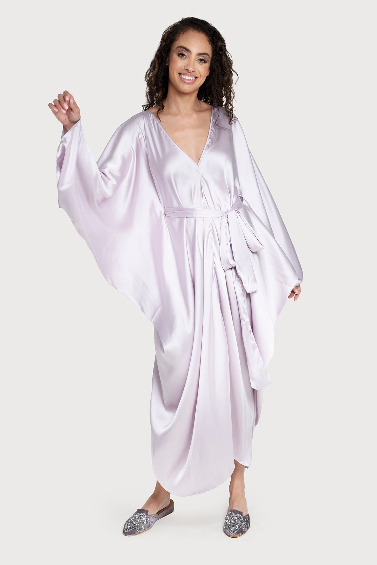 Elegant Satin Kaftan Dress with Tie Front - Flowy Maxi Length for Women | Perfect for Beach Cover Up, Resort Wear, and Summer Evenings