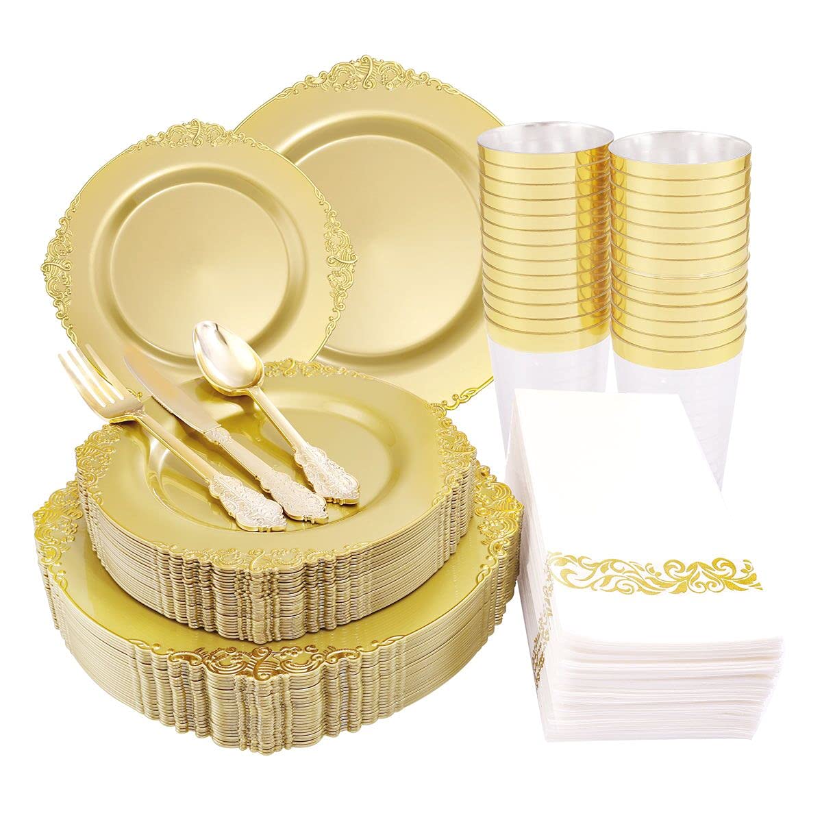 Morejoy 175PCS Elegant Gold Plastic Plates Set with Gold Rim - Disposable Dinnerware Includes 25 Dinner Plates, 25 Dessert Plates, 25 Cutlery Sets, 25 Napkins - Perfect for Wedding, Birthday Party, Baby Shower & Holiday Celebrations