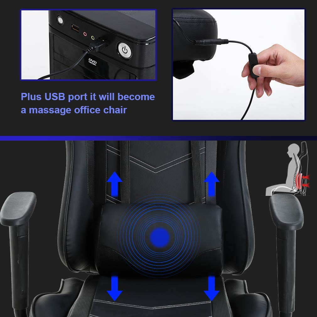 Ergonomic Gaming Chair with Lumbar Support & Headrest - PU Leather Racing Office Desk Chair for Adults - Adjustable Swivel Computer Task Chair with Footrest & Massage Function - Perfect for Home Office, Gaming Setup & Workstation (Black)