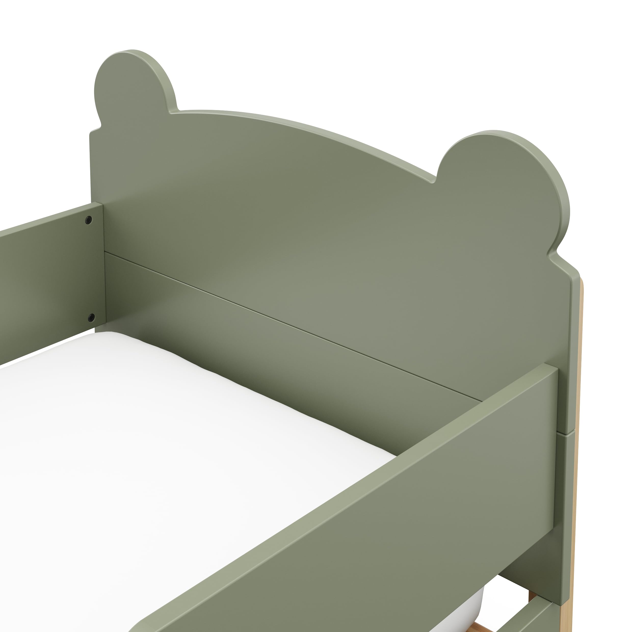 Storkcraft Teddy Bear Toddler Bed in Olive & Driftwood - GREENGUARD Gold Certified, Safety Guardrails Included, Fits Standard Crib & Toddler Mattress, Modern 2-Tone Design - Perfect for Nursery, Kids Room & Daycare Centers