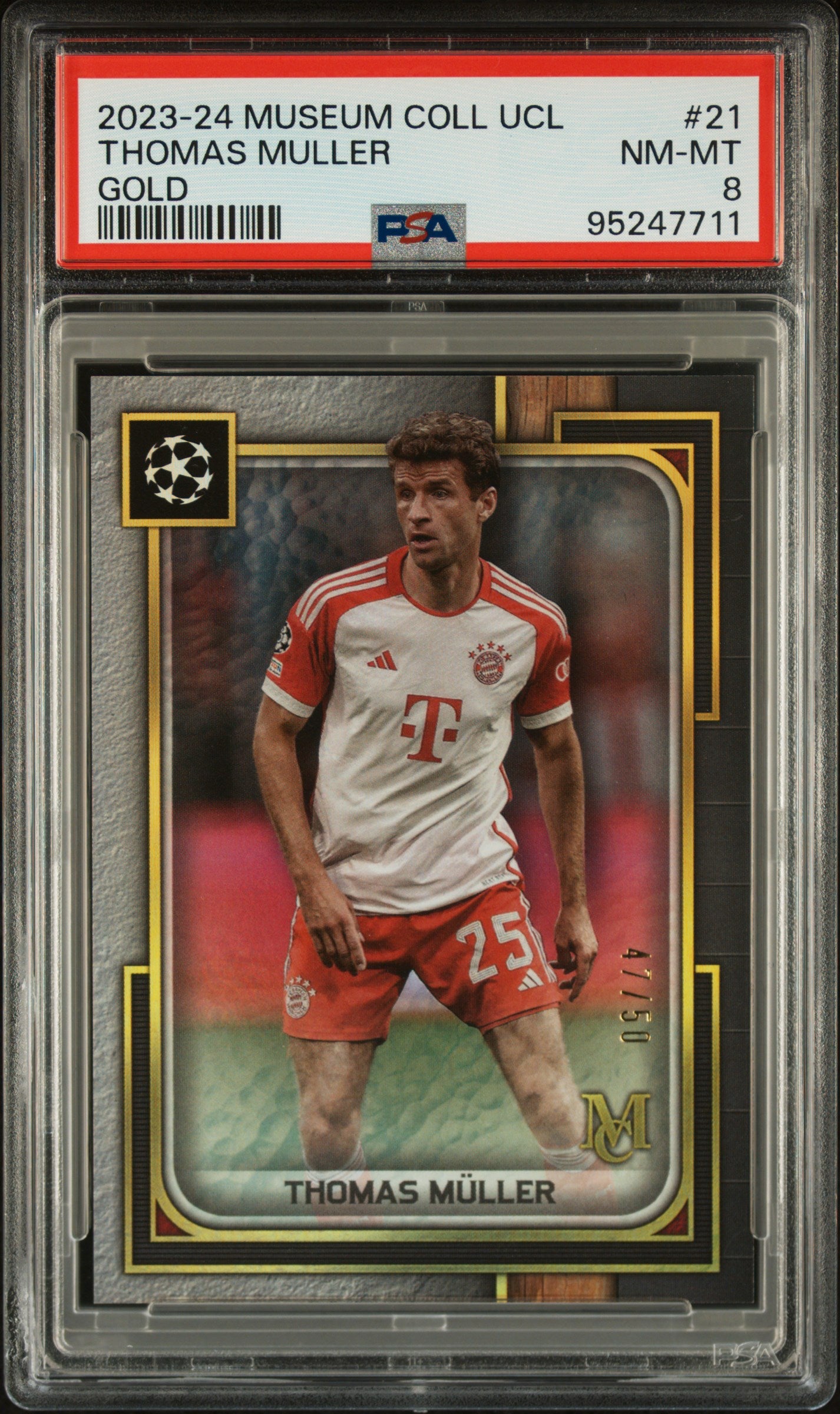 Topps Thomas Muller Gold Card #21/50 - 2023-24 UEFA Champions League Museum Collection PSA 8 Graded - Perfect for Soccer Collectors and Bayern Munich Fans