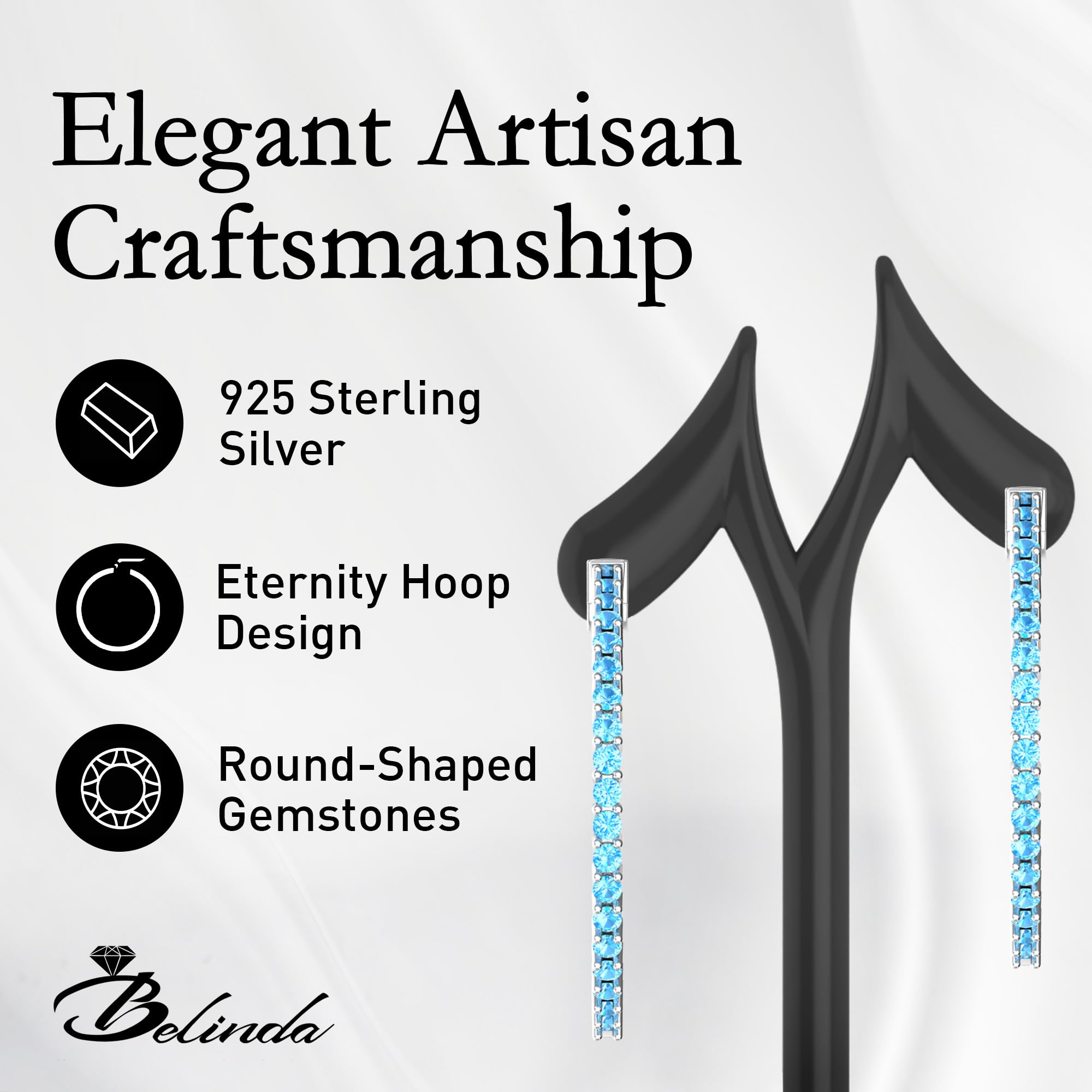 925 Sterling Silver Hoop Earrings for Women - 62 Colored Gemstone Eternity Earrings with Push Back Closure, 1.73