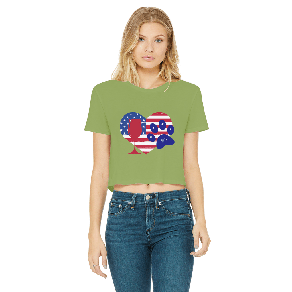 WineyBitches.Co Women's Cropped Raw Edge T-Shirt with Heart Paw Print - American Wine Lover Tee for Casual Outfits, Girls Night Out & Wine Tasting Events