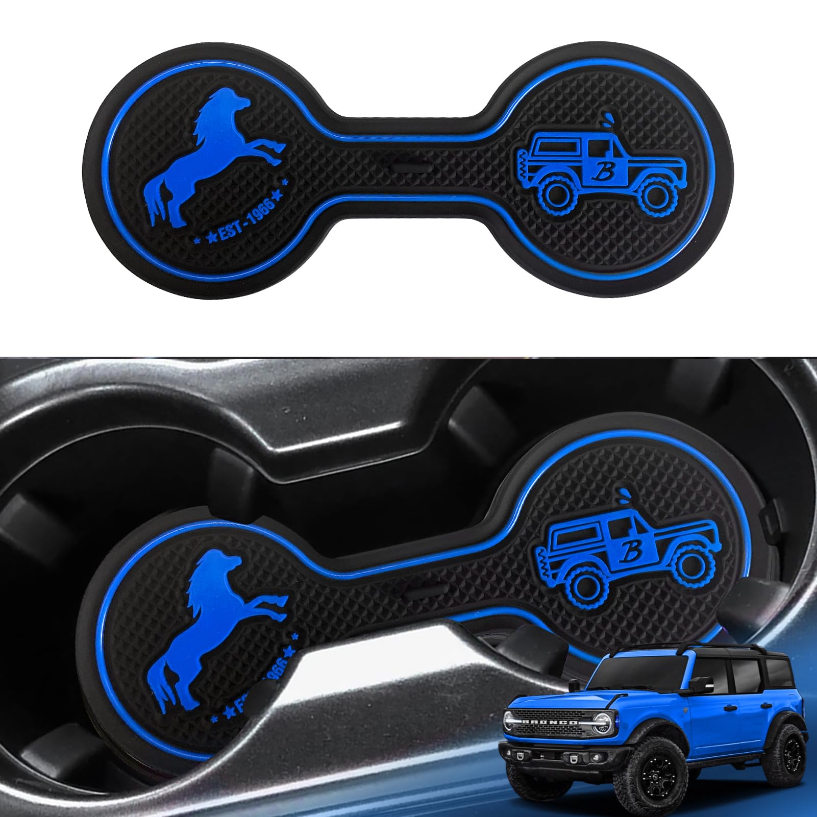 Ford Bronco 2021-2024 Cup Holder Coaster - Non-Slip Silicone Drink Mat for Beverages & Coffee - Car Accessories Interior Decor (Blue) - Perfect for Road Trips & Daily Commutes