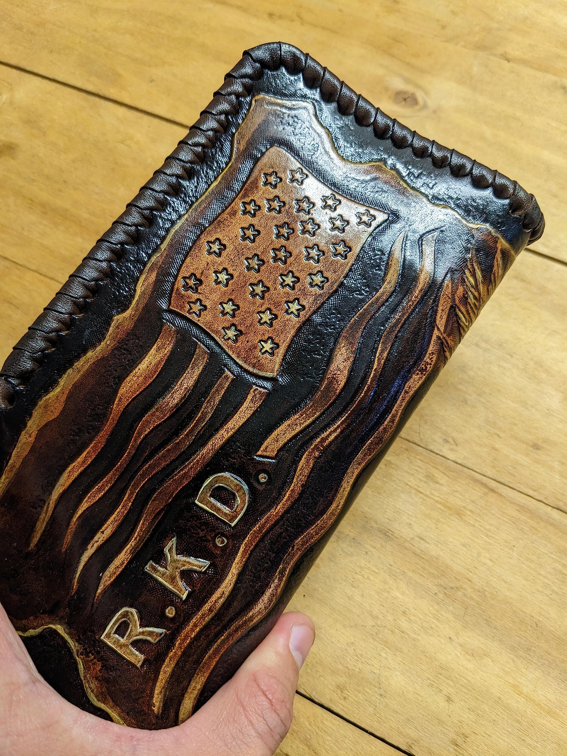 Handcrafted Genuine Leather Biker Wallet for Men - 3D Carved American Flag & Eagle Design - Custom Personalized Long Wallet - Perfect for Motorcycle Riders & Patriotic Gifts
