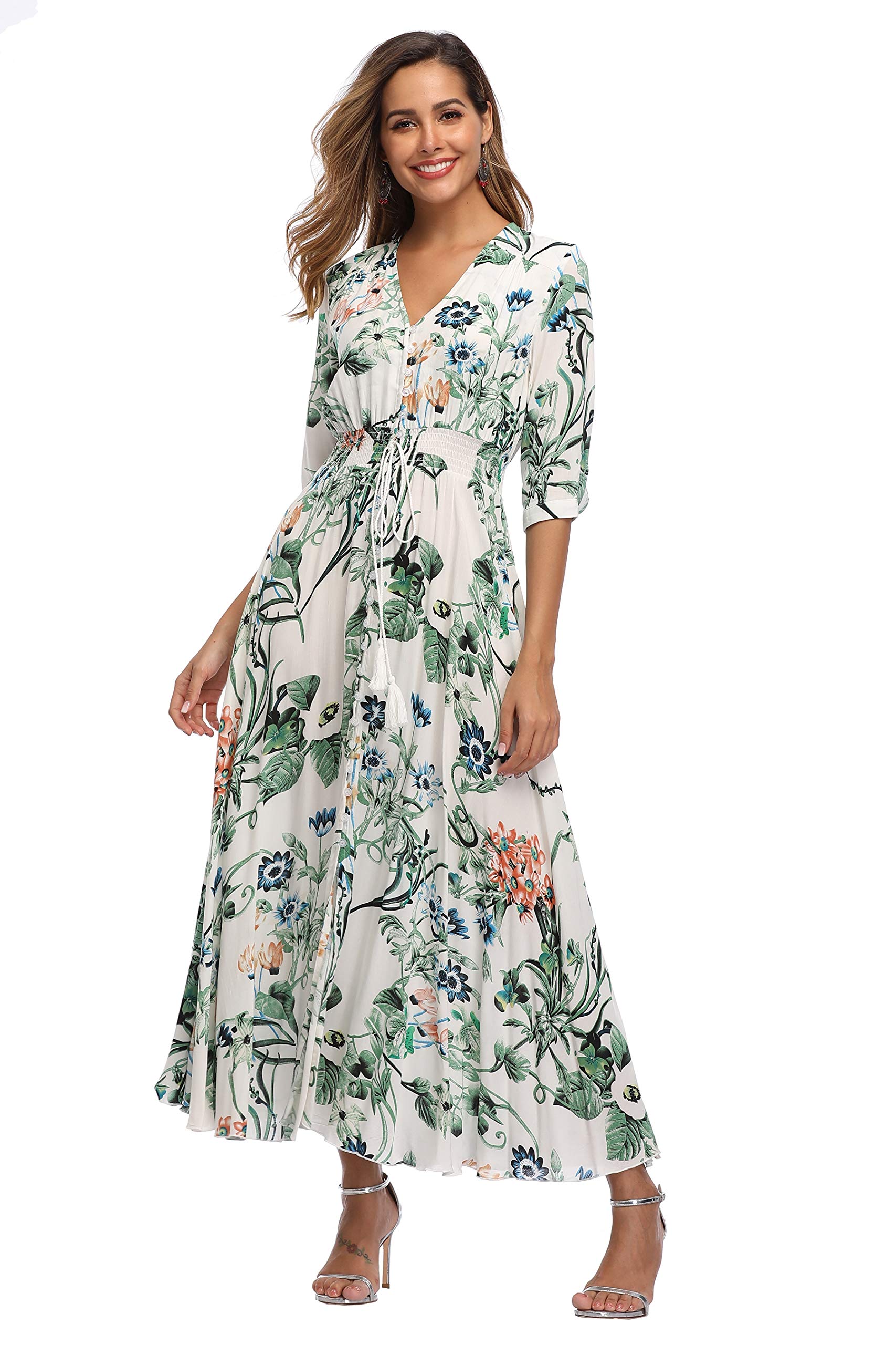 Vintage Floral Maxi Dresses for Women - Long Sleeve Bohemian Beach Dress with Flowy Silhouette | Perfect for Summer Vacations, Music Festivals & Boho Chic Outfits