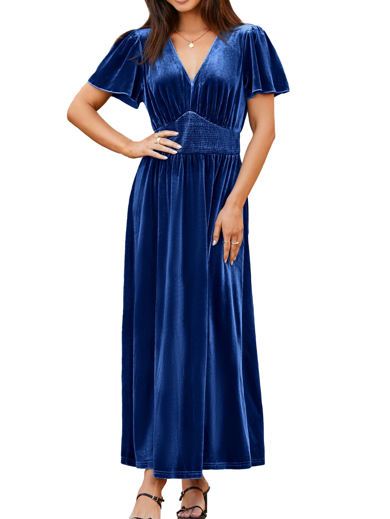 Simplee Women's Short Sleeve Velvet Maxi Dress - V Neck Empire Waist Formal Gown for Wedding Guest, Evening Party & Special Occasions