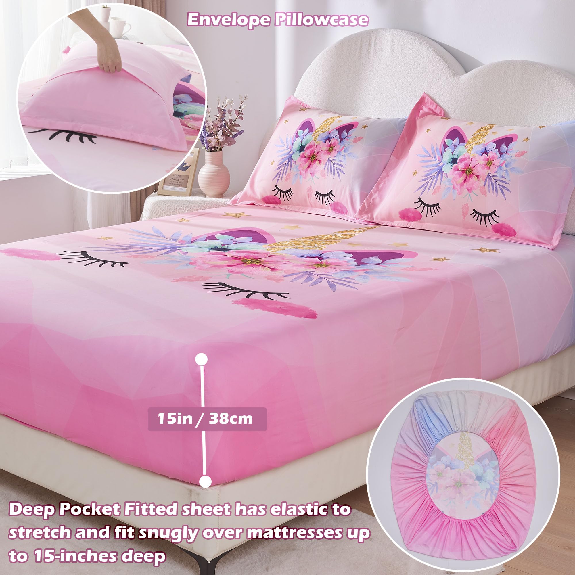 VIVILINEN 4-Piece Queen Size Sheet Set - Soft Pink Unicorn Bedding for Girls & Teens, Includes Flat Sheet, Deep Pocket Fitted Sheet & Pillowcases - Perfect for Kids' Rooms, Sleepovers & Cozy Bedtime