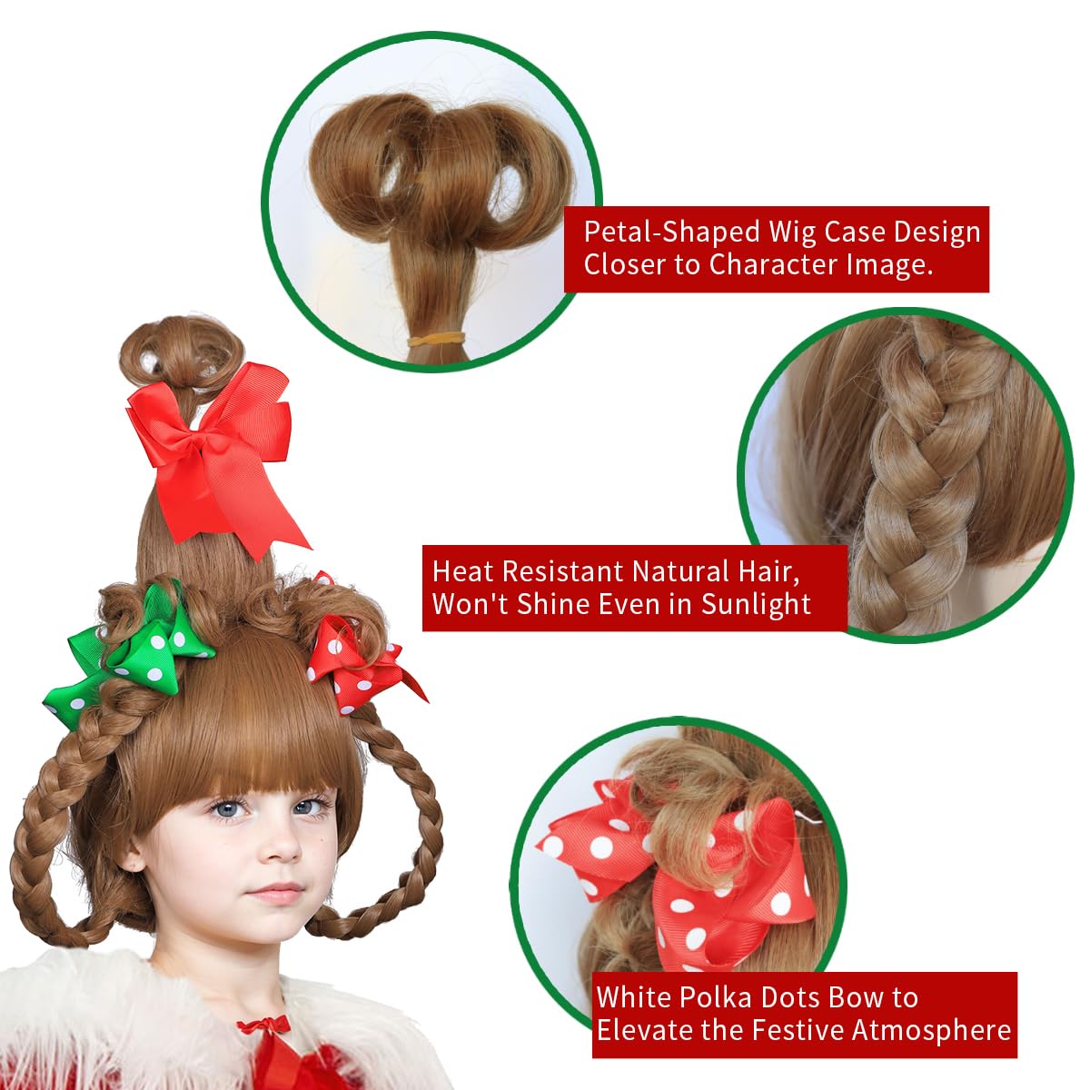 Brown Braided Kids Costume Wig with Red & Green Polka Dot Bows & Beaded Necklace - Perfect for Christmas Parties, Halloween Dress Up, Cosplay & School Plays