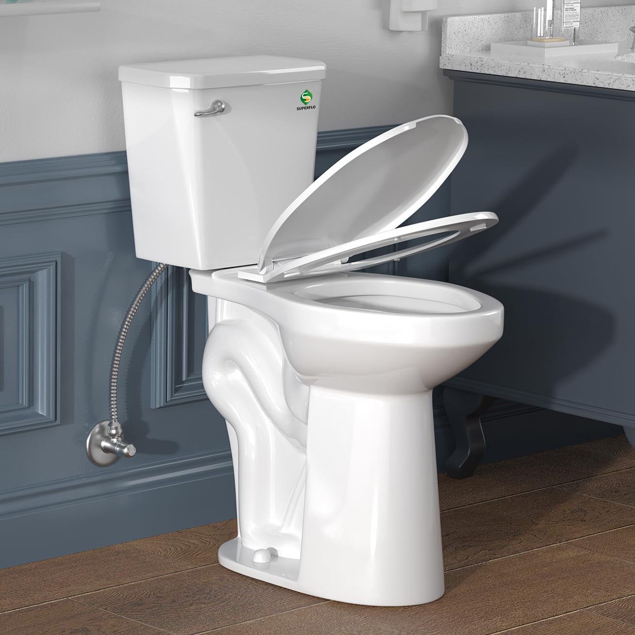 SUPERFLO 21 Inch Tall Toilet for Seniors & Adults - High Rise Comfort Height Toilet with S-Trap & Single Flush Tank - ADA Compliant Elongated Toilet Bowl with Soft Close Seat - Perfect for Elderly, Tall People & Accessible Bathrooms (Home, Assisted Living, Healthcare Facilities)