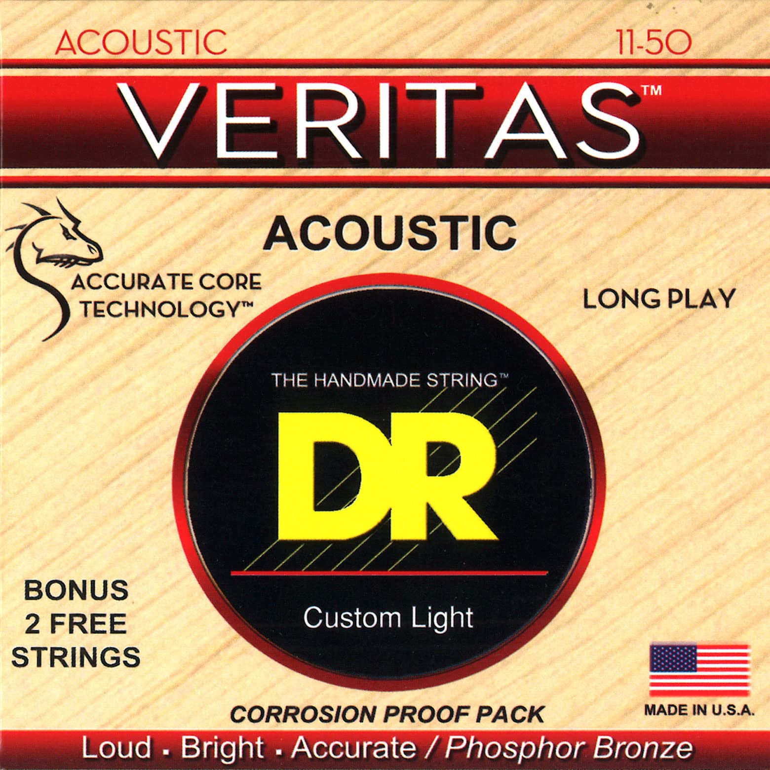 DR Strings VTA-11 Veritas Phosphor Bronze Acoustic Guitar Strings 11-50 Custom Light Gauge Set | Bright Tone & Long-Lasting Performance for Folk, Country & Fingerstyle Playing