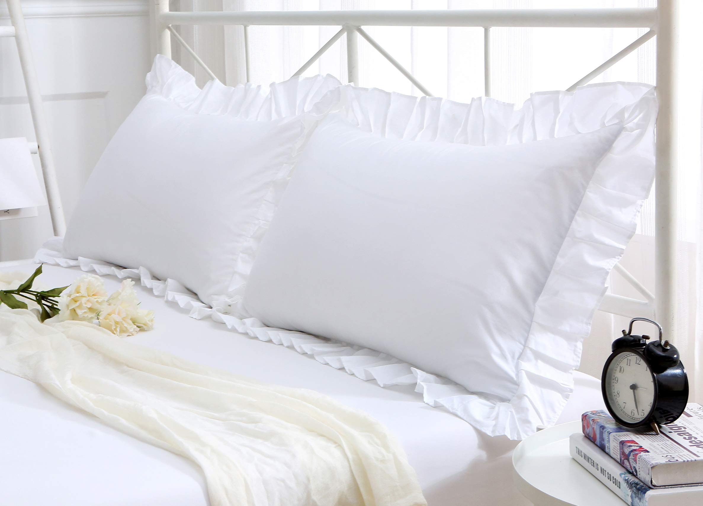 Premium Egyptian Cotton Ruffles Pillowcases - Queen Size 2-Pack (20x30 inches) Soft & Thick White Pillow Shams for Bedroom Luxury & Hotel Style Comfort