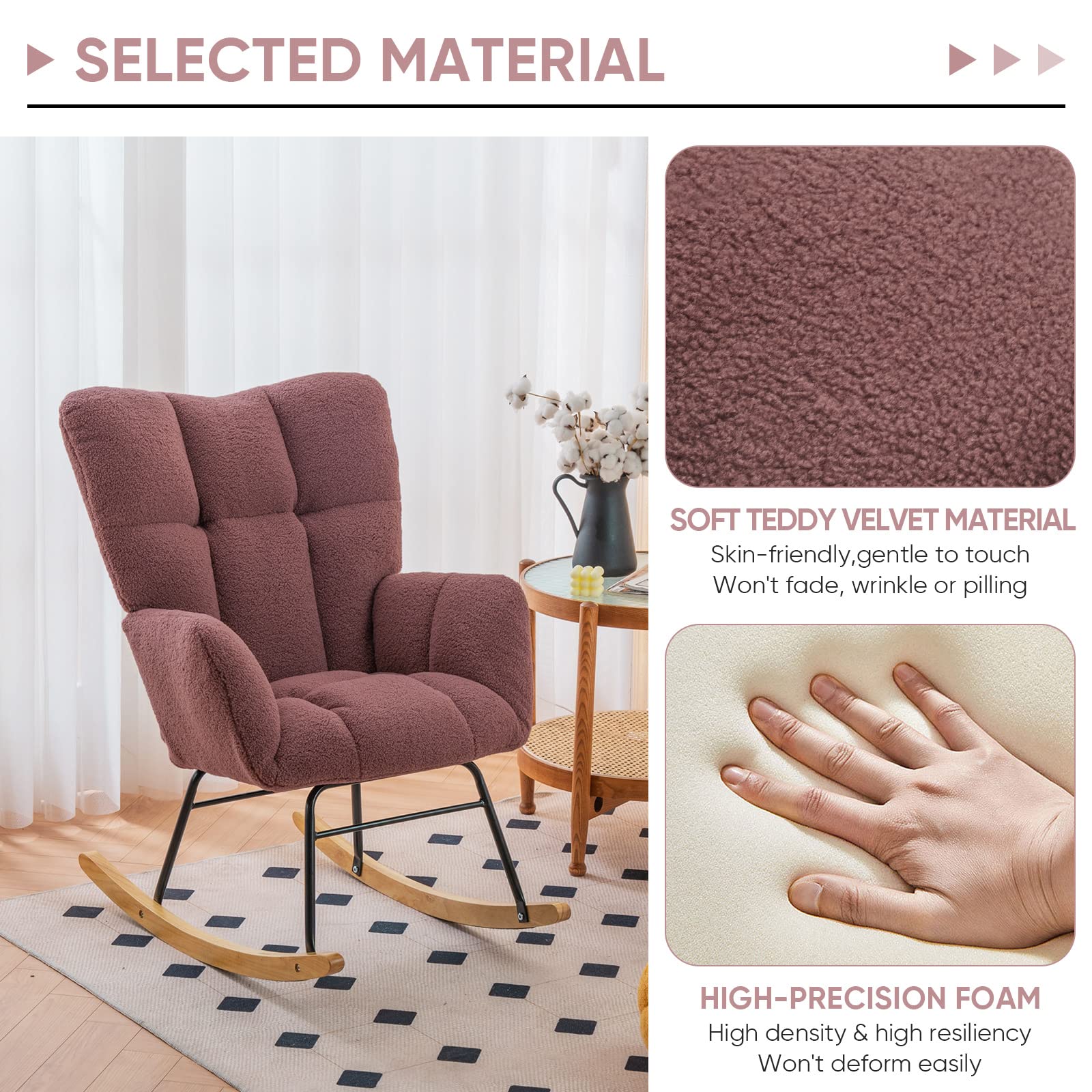 KINFFICT Nursery Rocking Chair - Plush Teddy Velvet Upholstered Glider Rocker with High Back Support | Mid-Century Modern Accent Armchair for Living Room, Bedroom & Office | Perfect for Nursing, Reading & Relaxing