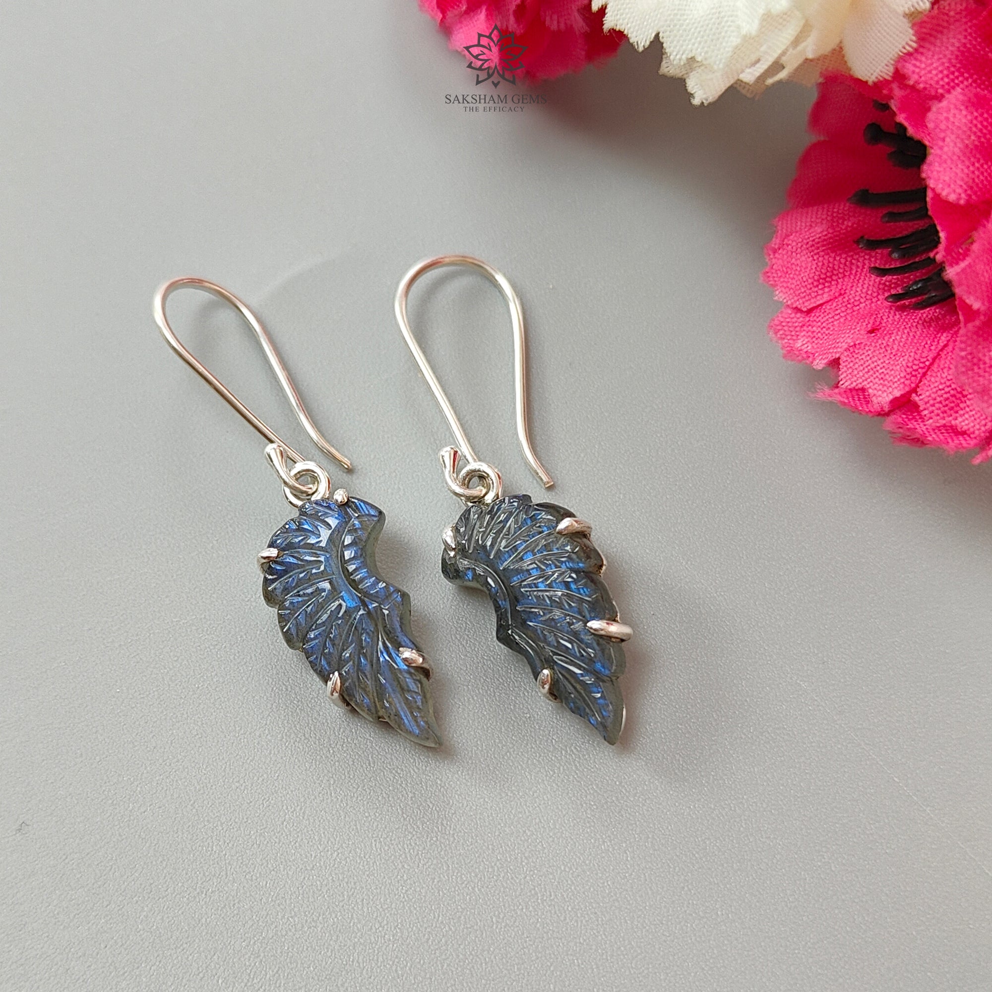Blue Labradorite Silver Earrings - 5.58g Natural Untreated Labradorite Angel Wing Carved Drop Dangle Hook Earrings (1.75 inch) | Elegant Jewelry for Women, Perfect for Weddings, Parties & Special Occasions