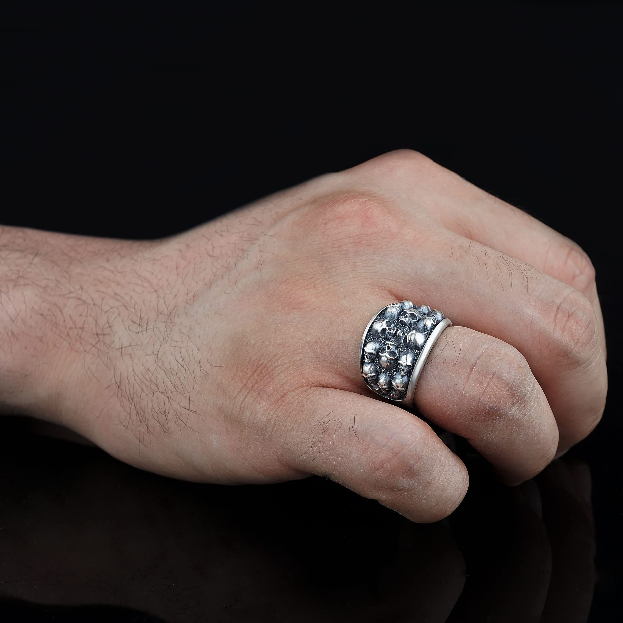 Handmade Sterling Silver Skull Head Ring for Men - Gothic Biker Jewelry, Graveyard Style Band - Perfect for Motorcycle Riders, Rock Music Fans & Halloween Costumes (Size 14)