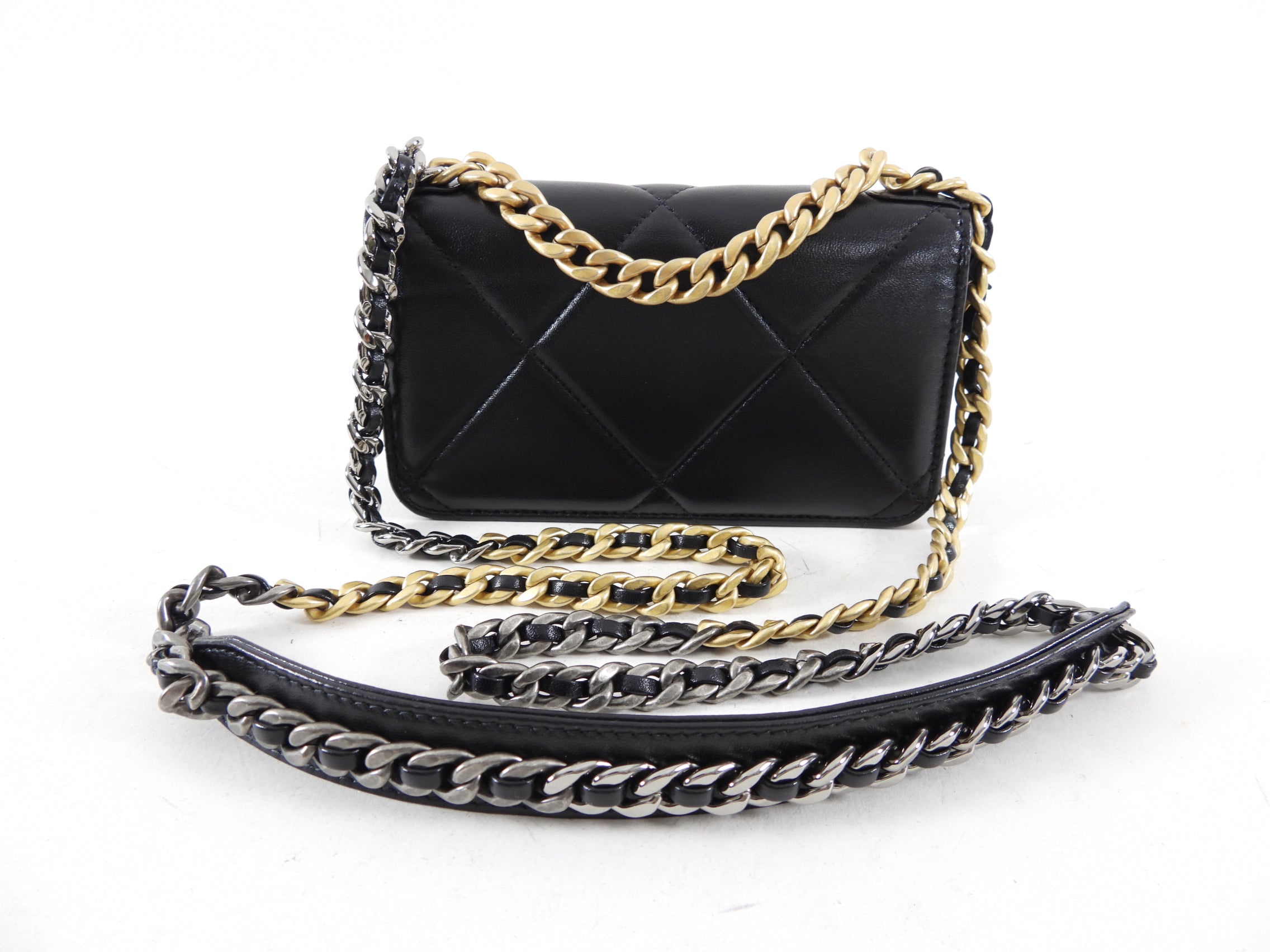 Chanel 19 Black Leather Lambskin Quilted Flap Phone Holder - Luxury Designer Phone Case for iPhone & Samsung - Perfect for Parties, Travel & Everyday Use