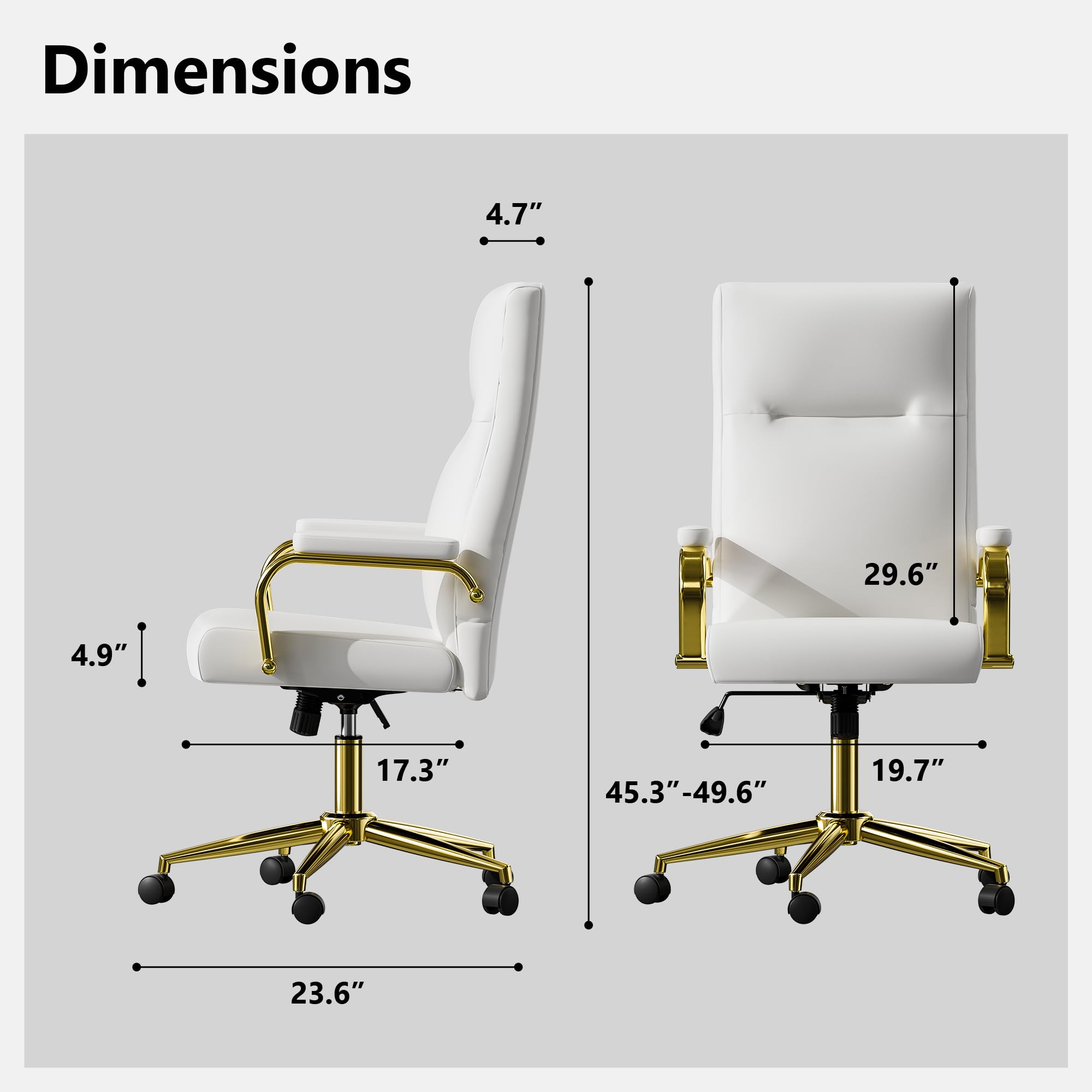 White and Gold Memory Foam Office Chair - Ergonomic Leather Computer Desk Chair with Wheels & Adjustable Arms - High Back Executive Chair for Women - Perfect for Home Office, Gaming, and Workspaces