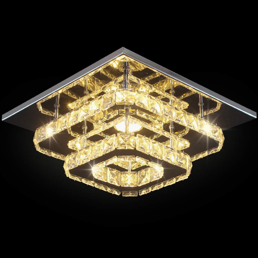 KXHQANI Modern 2-Tier Square LED Crystal Chandelier - Small Flush Mount Ceiling Light Fixture in Stainless Steel (9.8