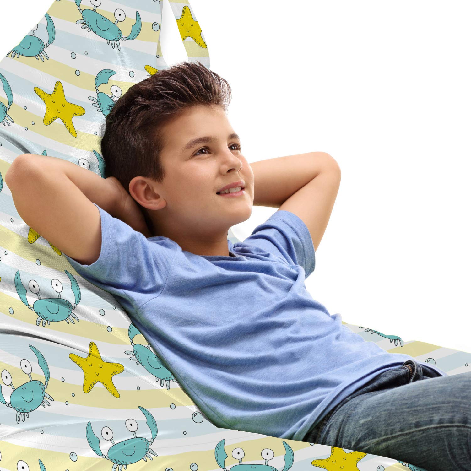 Ambesonne Marine Lounger Chair Bag - Ocean Theme with Crabs, Starfish, Bubbles & Lines - High Capacity Storage with Handle - Perfect for Beach, Pool & Outdoor Lounging - Yellow Seafoam
