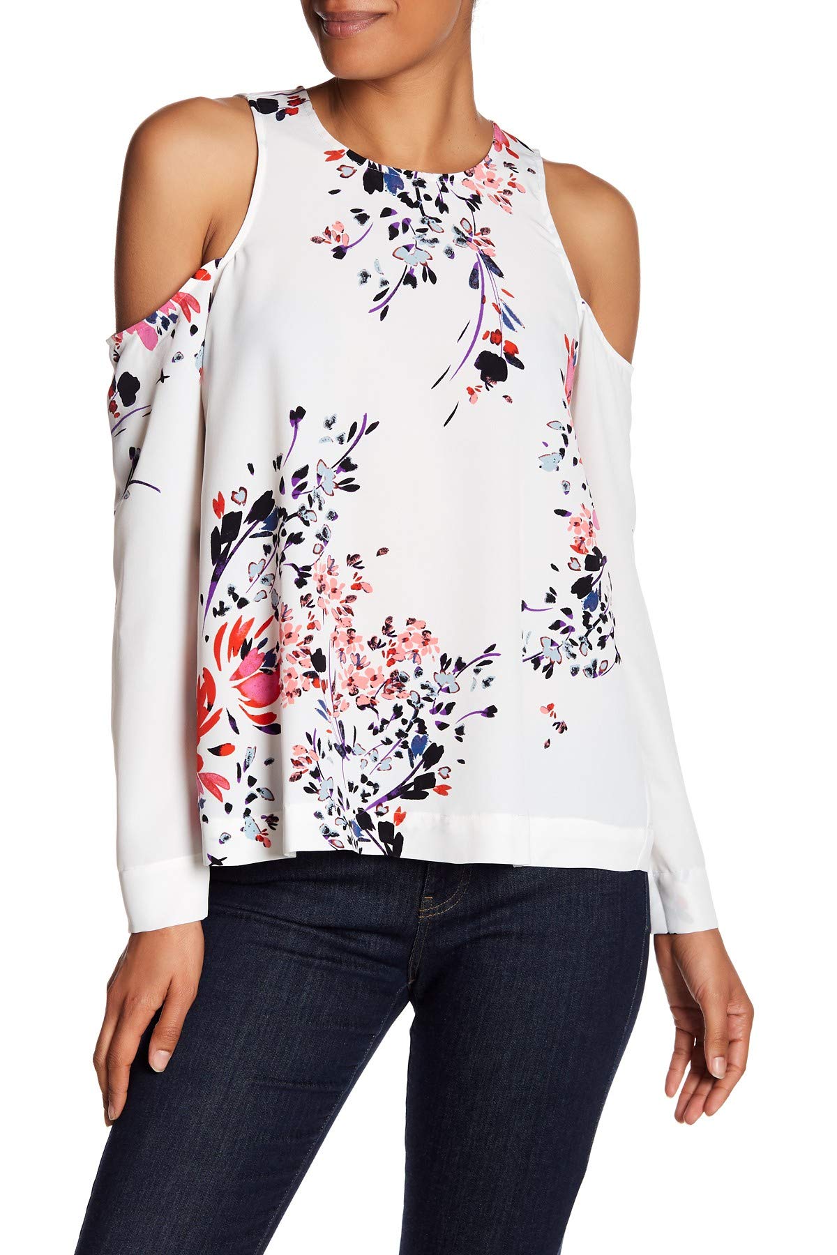 Rachel Roy Women's Cold Shoulder Floral Print Blouse - Ivory & Black Combo, Size XL | Elegant Off-Shoulder Top for Date Night, Office Wear & Summer Outfits
