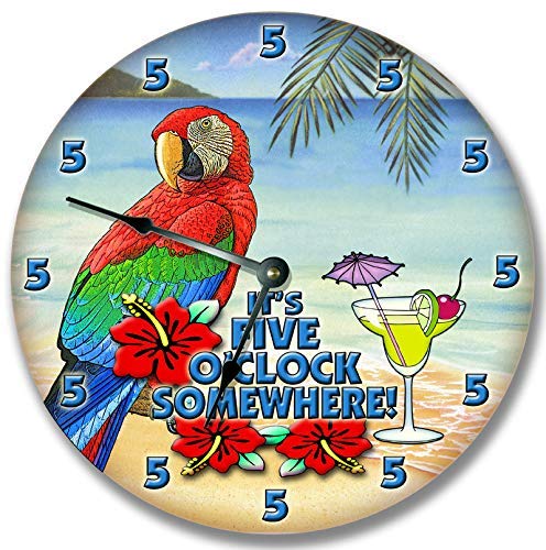 Vintage Round Wooden Hanging Wall Clock - 15 Inch Beach House Decor with Parrot & Martini Design - Perfect Housewarming Gift for New Home, Living Room, Bedroom or Office Decor