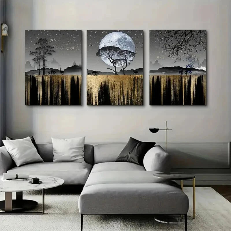 3-Piece Elk & Moonlight Scenery Metal Wall Art - Ready to Hang Nature Decor for Living Room, Bedroom & Office