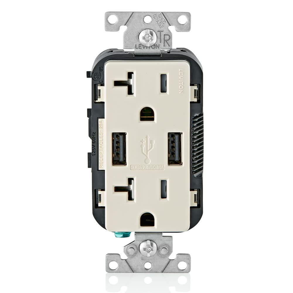 Leviton T5832-T USB Wall Charger with 20A Outlet - Fast Charging for Smartphones & Devices in Home/Office