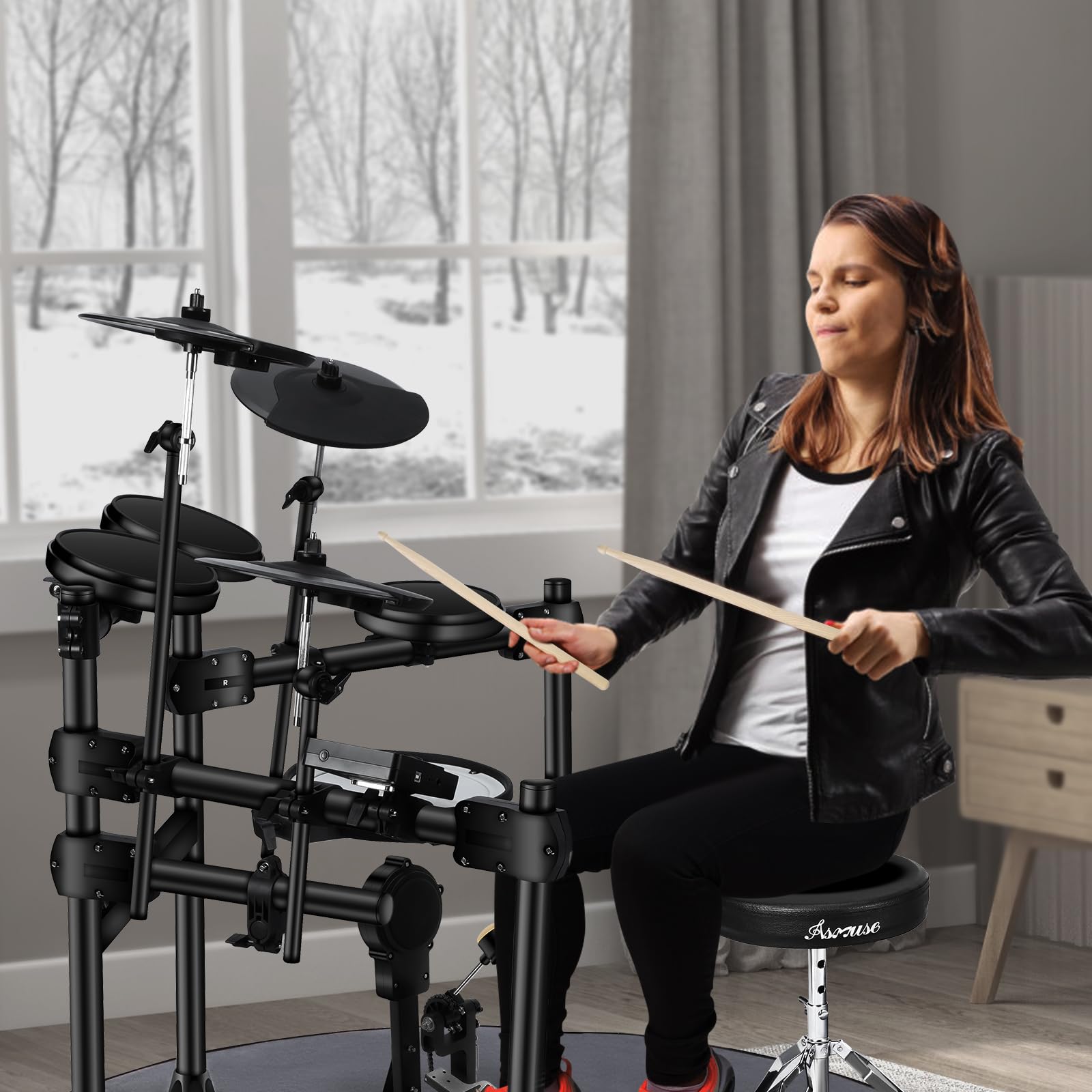 Asmuse AD-30 Electric Drum Kit with 4 Mesh Pads, Switch Pedals & Headphones - Electronic Drum Set for Beginners & Adults - Perfect for Home Practice, Studio Recording & Live Performance (Black)