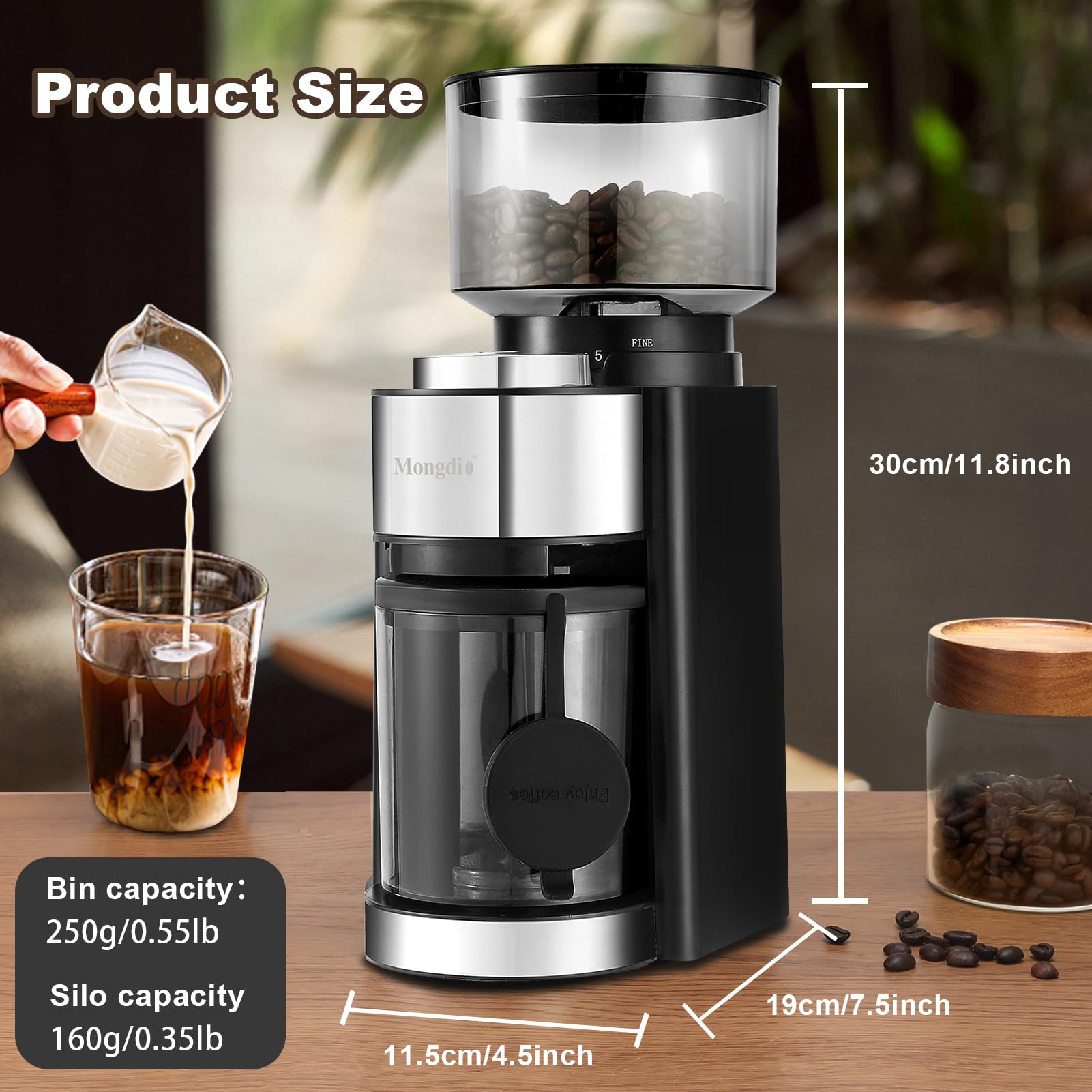 Premium Mongdio Electric Burr Coffee Grinder - 25 Precise Grind Settings for Espresso, Drip, Cold Brew & French Press - Professional Coffee Bean Grinder for Home & Office Use - Perfect for Morning Brews & Entertaining Guests - Sleek Black Design