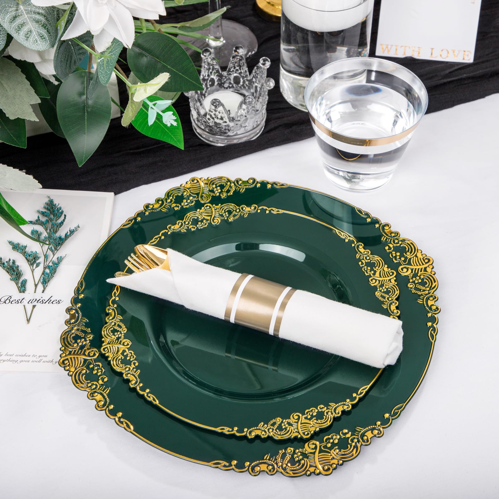 175-Piece Eco-Friendly Disposable Party Tableware Set - 50 Green Plastic Plates, 75 Silverware, 25 Cups & 25 Napkins for Wedding, Birthday & Events | Perfect for 25 Guests | Sustainable Party Supplies for Outdoor Gatherings & Celebrations