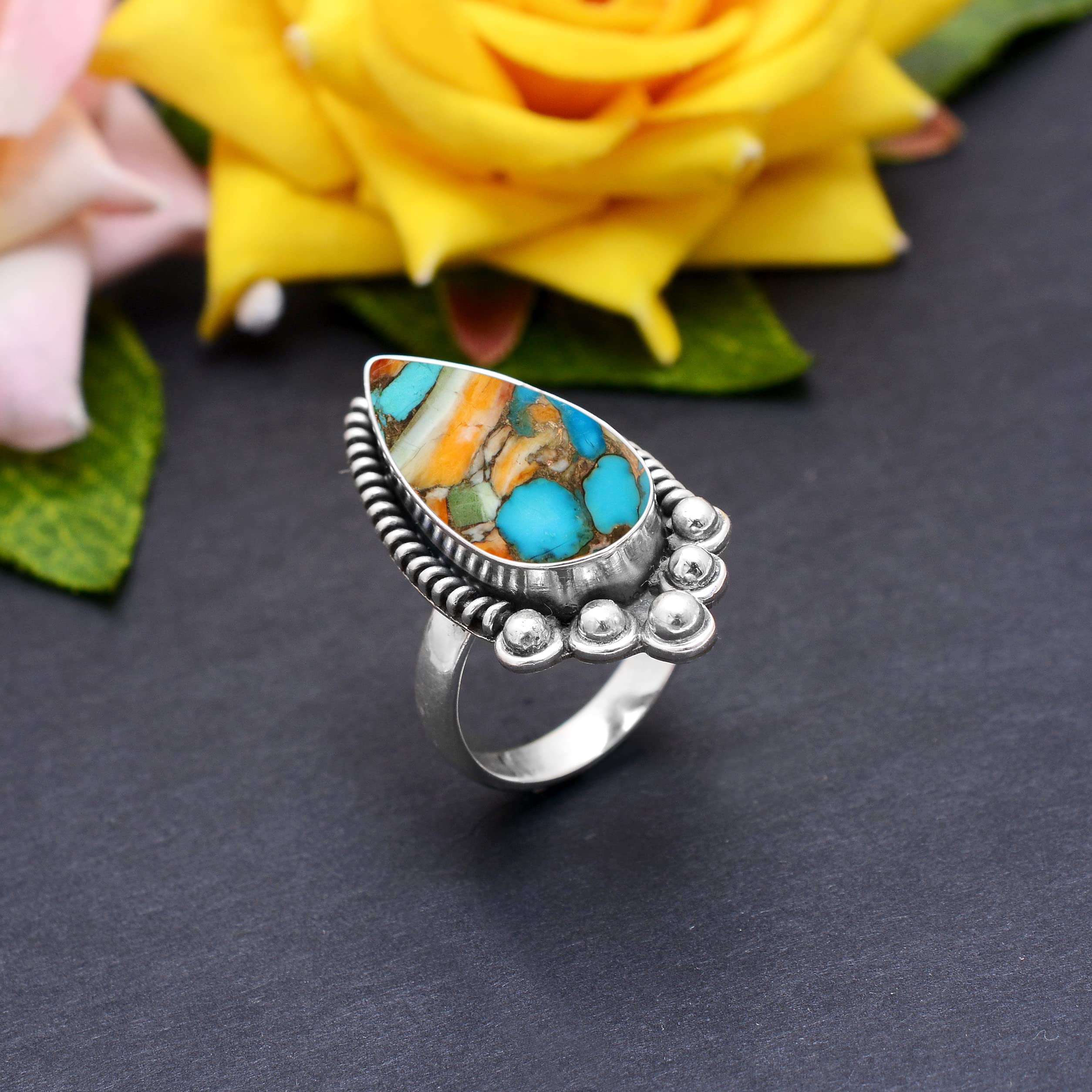 Veracity Jewelry Women's 925 Sterling Silver Oyster Copper Turquoise Ring - Kingman Mojave Spiny Oyster Healing Meditation Jewelry - Multi-Color Gemstone Ring for Everyday Wear & Spiritual Practice (VSR-473)