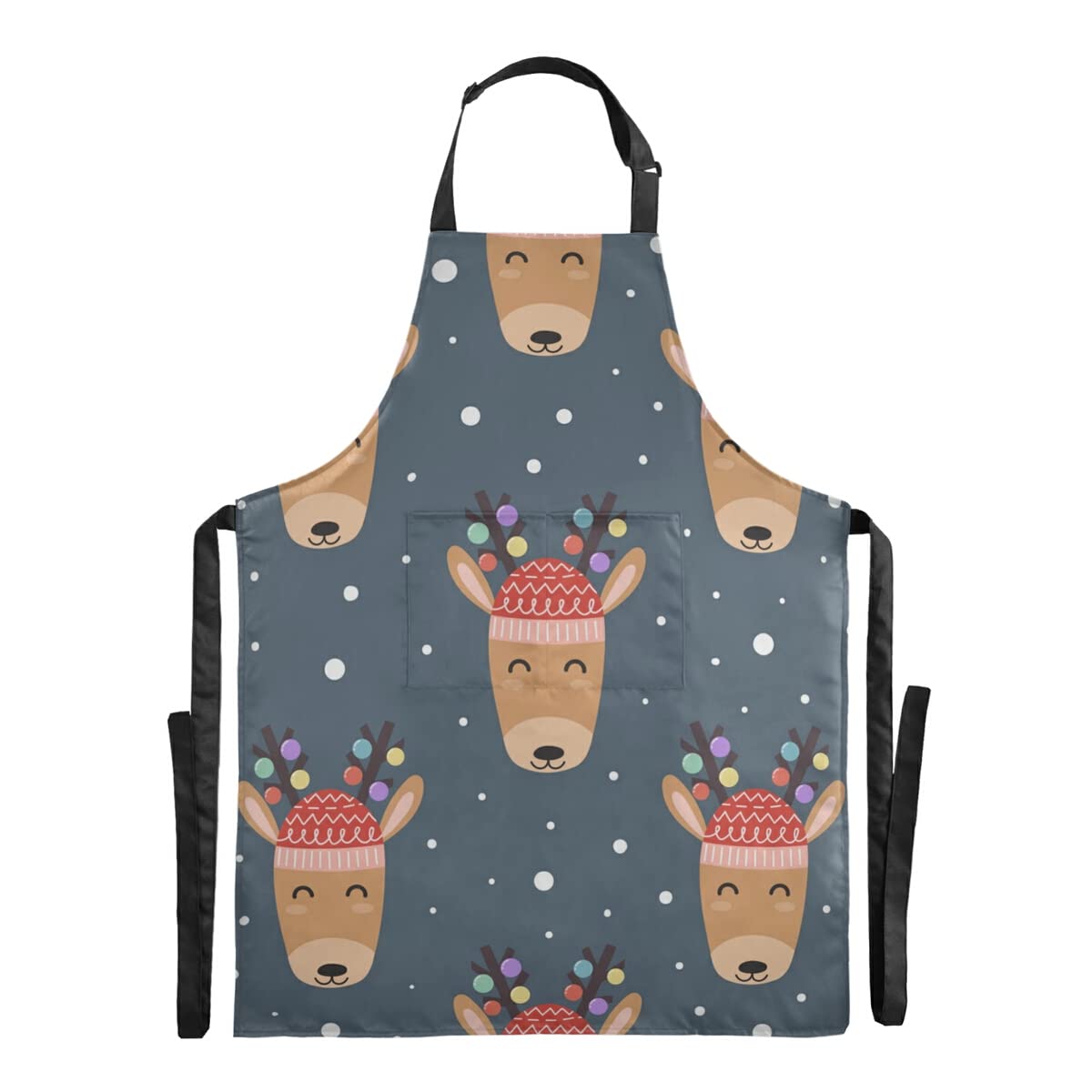Funny Cute Deer Heads Christmas Bib Apron - Waterproof Adjustable Kitchen Apron for Restaurant, Salon, Cafe & Home Cooking - Large Pocket for Adults & Stepdad - Perfect for Holiday Cooking, Baking & Hosting Parties