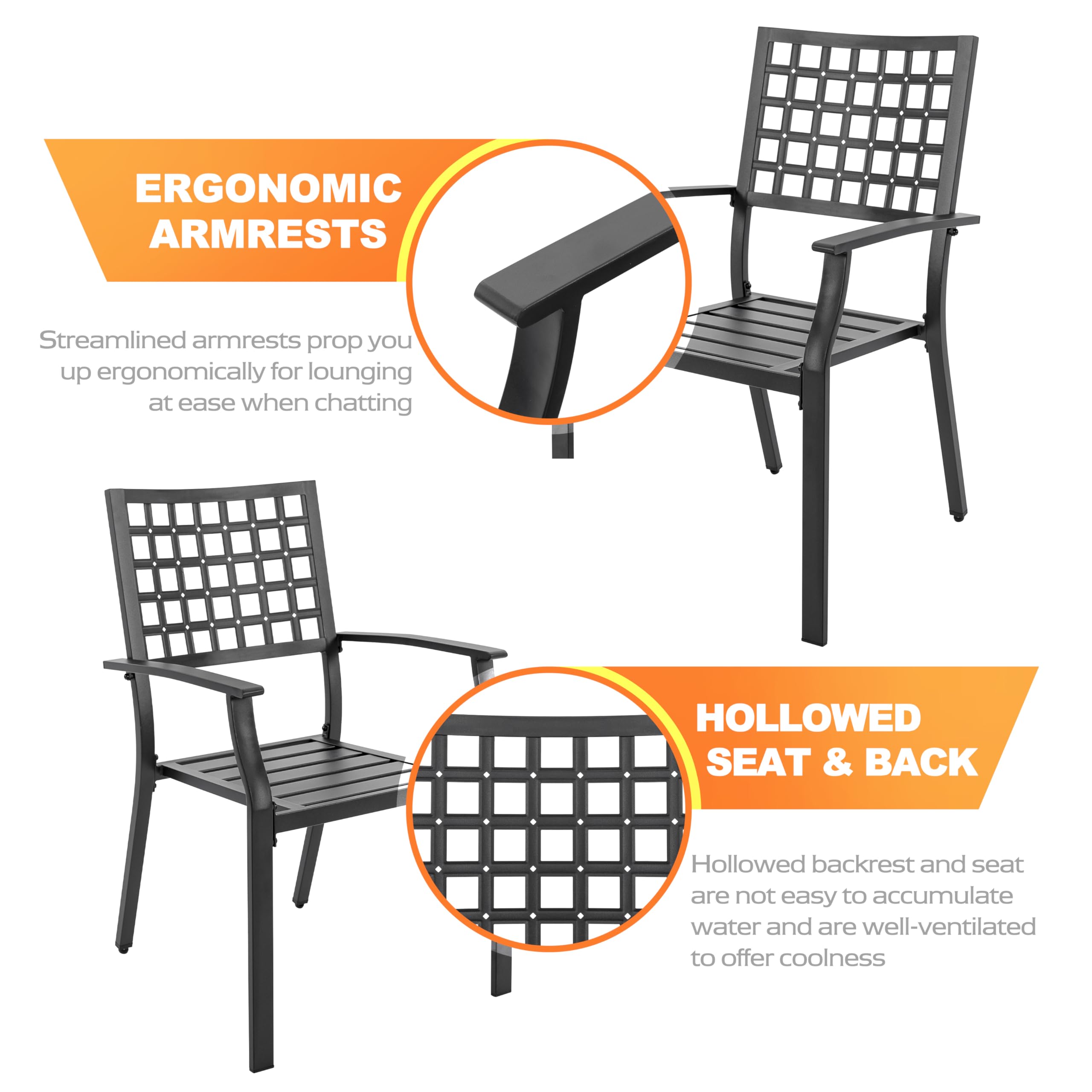 NUU GARDEN Patio Dining Chairs Set of 2 - 300Lbs Capacity Stackable Outdoor Metal Chairs with Armrests - Wrought Iron Patio Furniture for Backyard, Lawn, Deck, Poolside, Porch, Bistro - Perfect for Outdoor Dining, Relaxing & Entertaining - Black