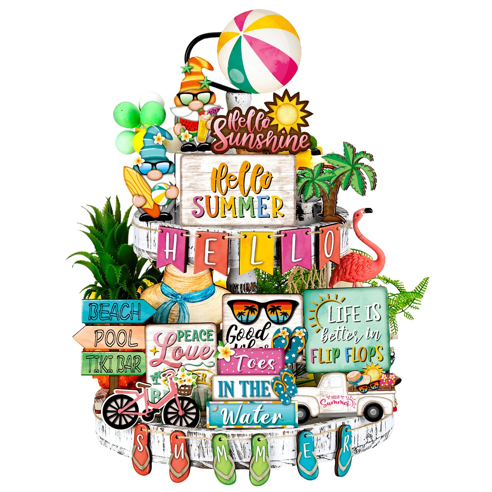 26-Piece Tiered Tray Decor Set - Coastal Beach & Farmhouse Style Wooden Signs with 
