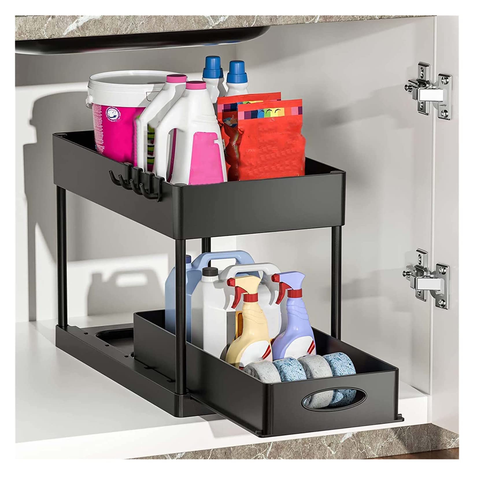 2-Tier Sliding Cabinet Organizer Drawer with Hooks - Under Sink Storage Basket for Bathroom & Kitchen - Space-Saving Narrow Shelf for Cabinets, Lockers & Closets - Perfect for Organizing Cleaning Supplies, Cosmetics & Kitchen Essentials